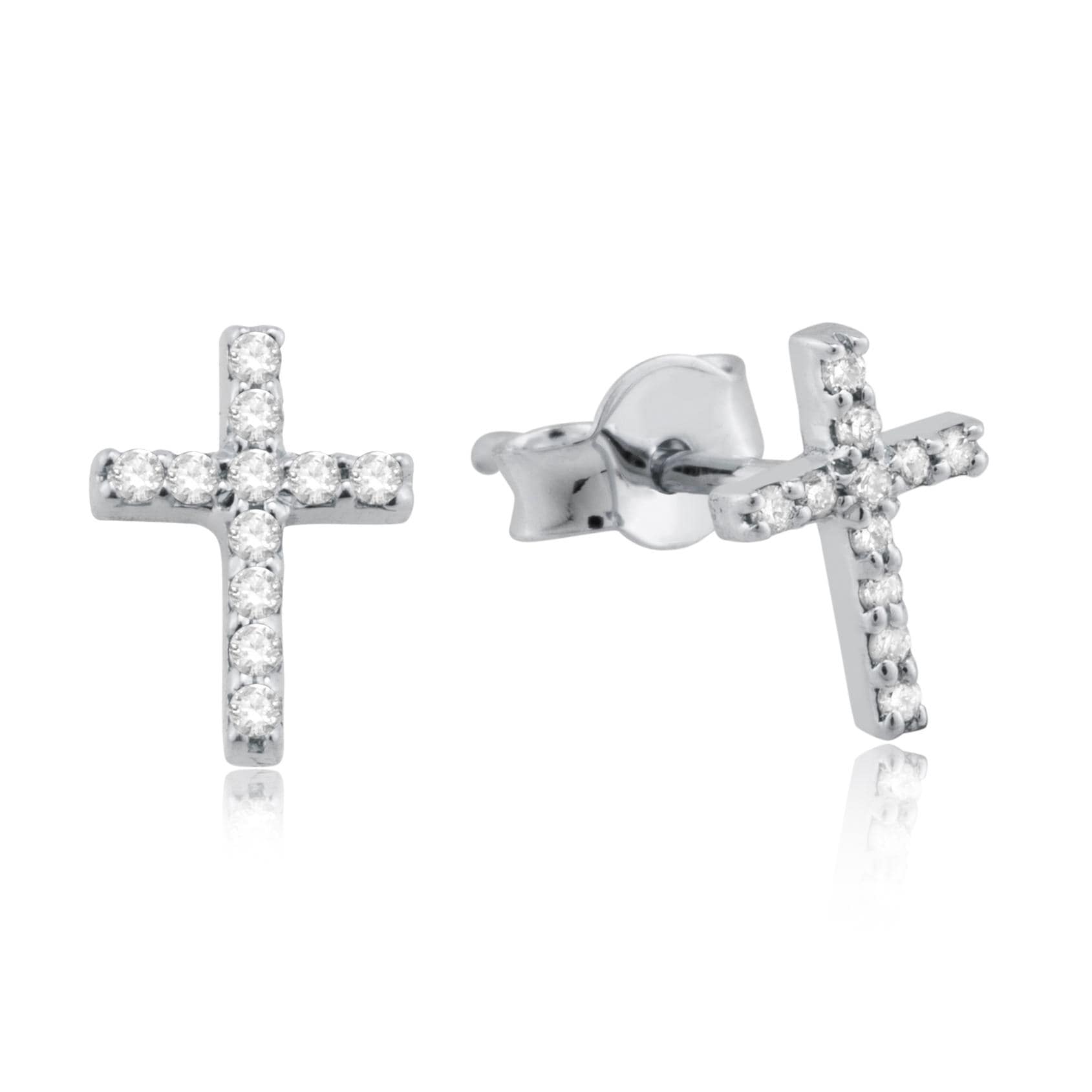 14K white gold diamond cross stud earrings featuring 12 diamonds, offering a classic, elegant look perfect for religious and special occasions.