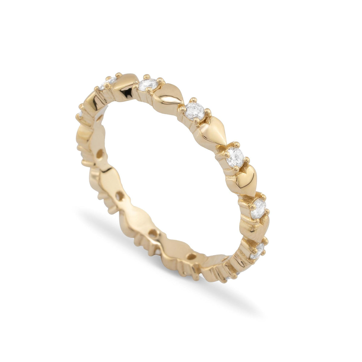 14K solid gold diamond heart eternity ring featuring round diamonds and heart motifs, a perfect blend of elegance and romance for any special occasion.