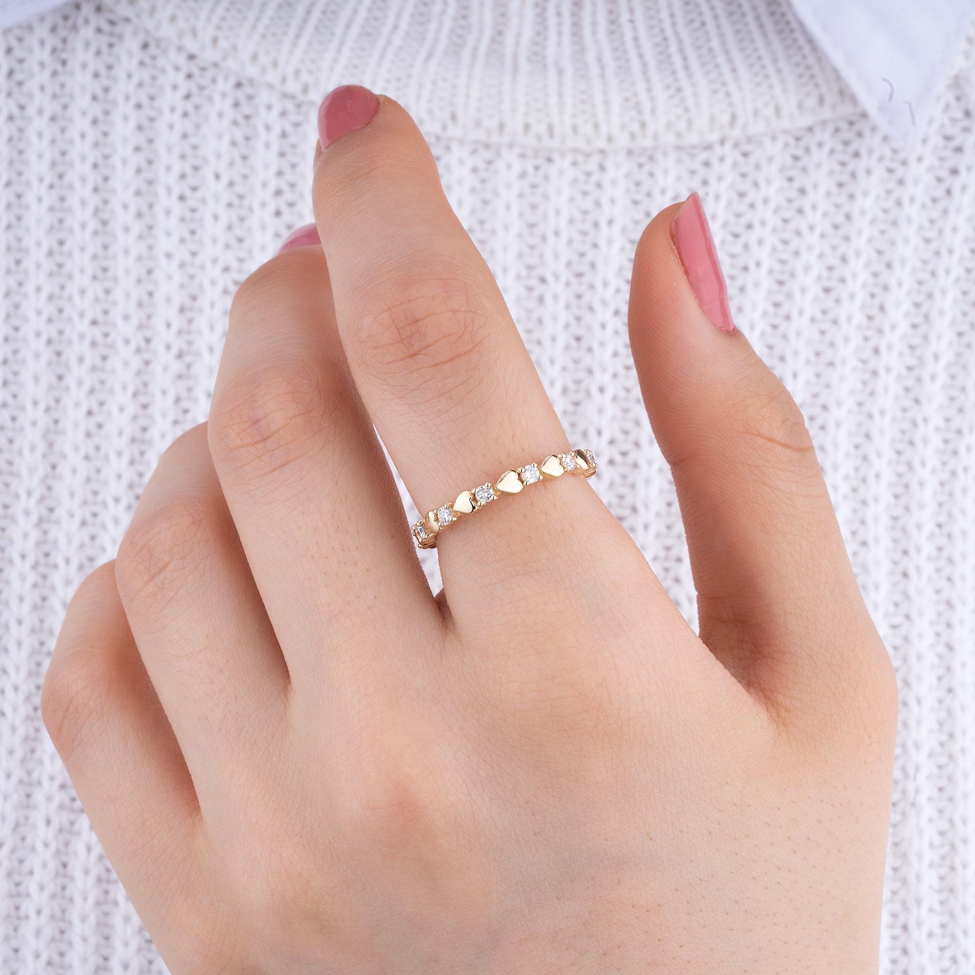 Handmade 14K gold heart eternity ring with round diamonds, 2.75 gr solid gold, available in yellow, rose, and white gold options.