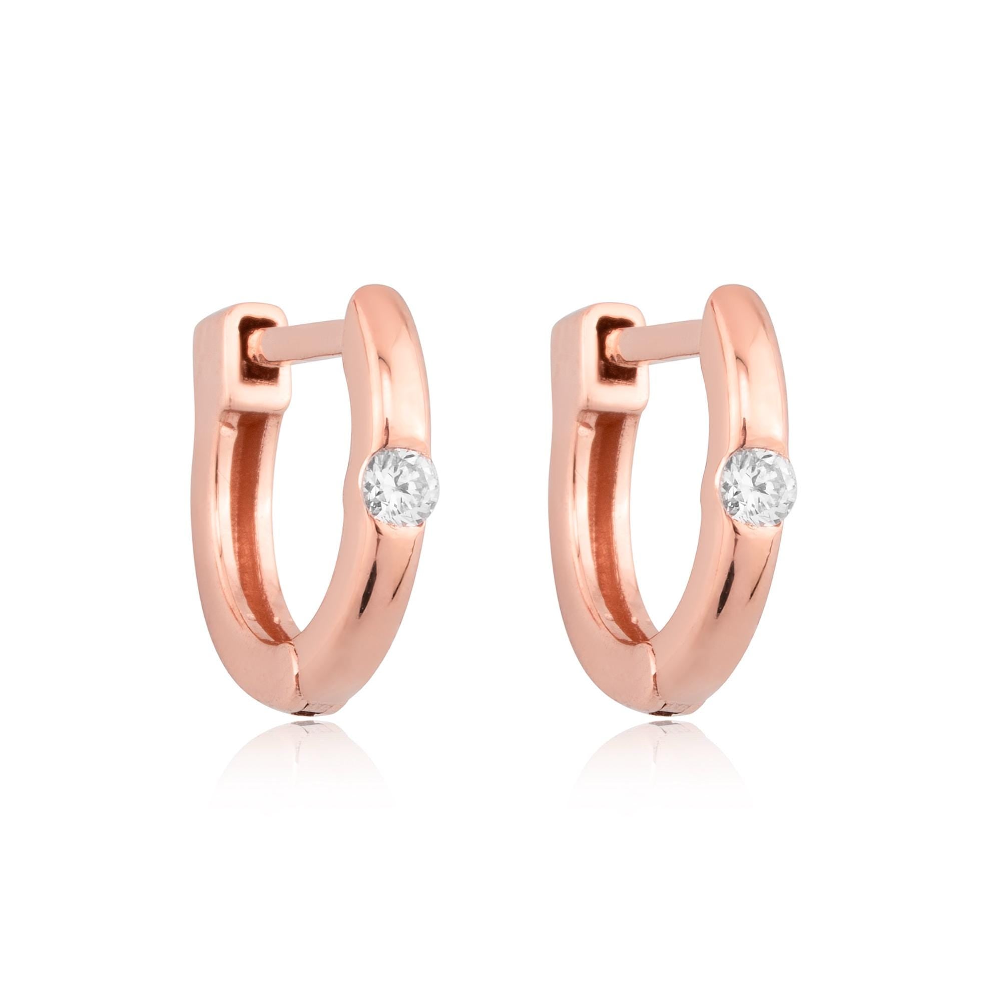 14K Rose Gold Diamond Hoop Earrings – Delicate and elegant diamond huggie hoops in warm rose gold, perfect for a romantic and timeless style.