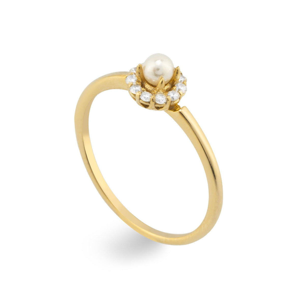 14K Gold Pearl and Diamond Halo Ring - Elegant solitaire ring featuring a lustrous 4mm pearl surrounded by a halo of 11 brilliant round-cut diamonds for a radiant sparkle.