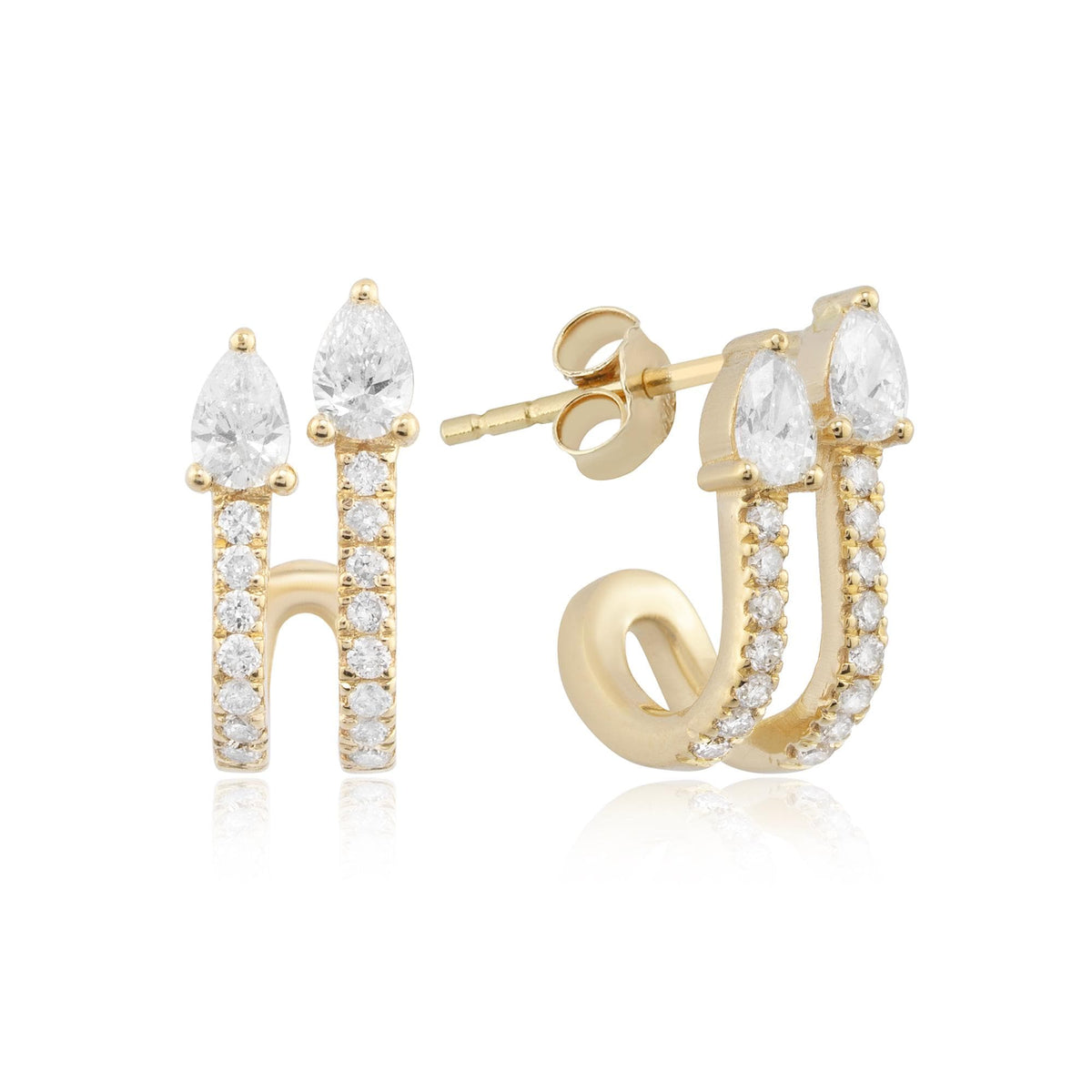Elegant 14K solid gold double huggie earrings, featuring sparkling round-cut diamonds along the curves and two exquisite pear-cut diamonds at the top. A sophisticated piece perfect for any occasion.