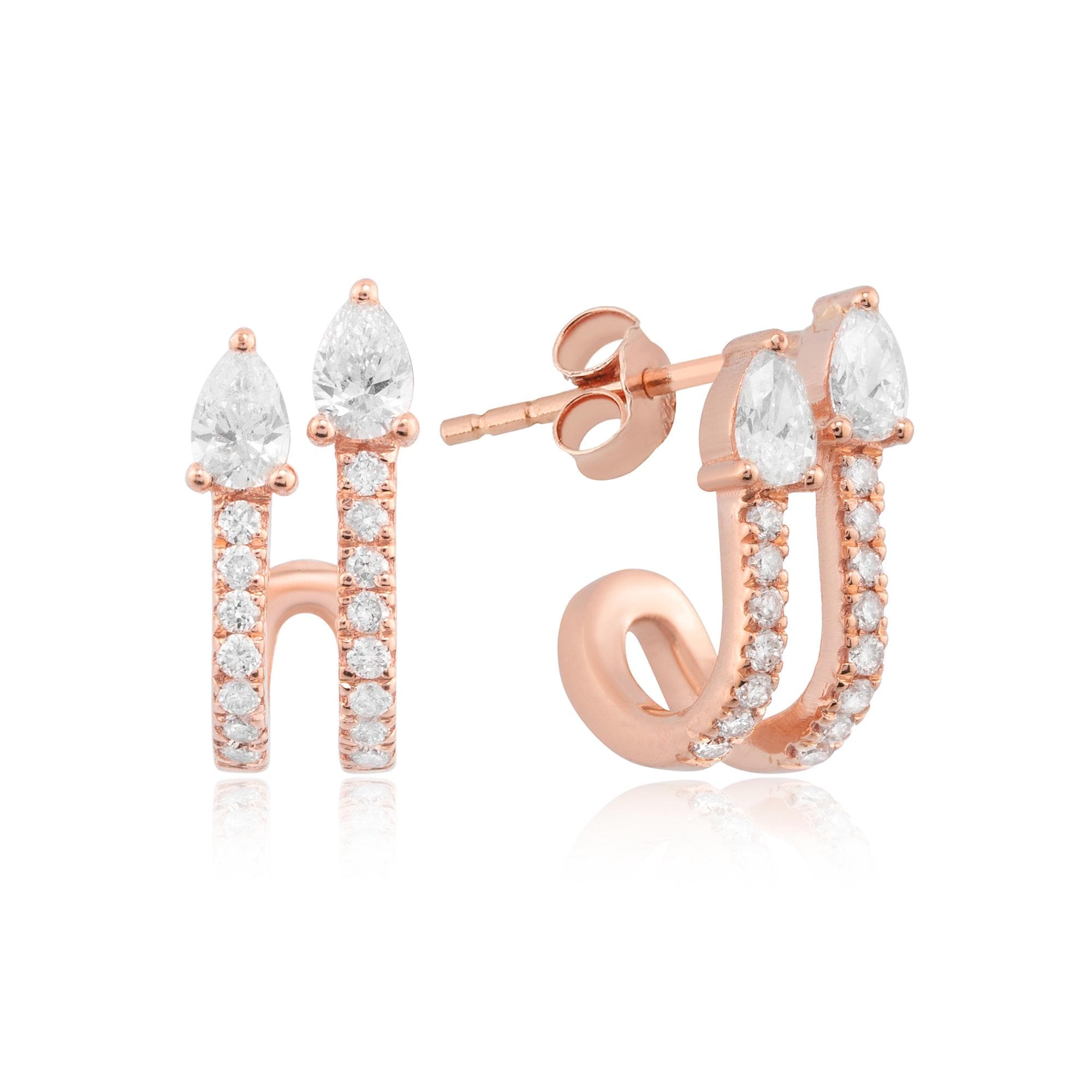 14K rose gold diamond double huggie earrings with round and pear-cut diamonds. The elegant hoop cuff design and sparkling diamonds make this piece a perfect gift for any occasion.
