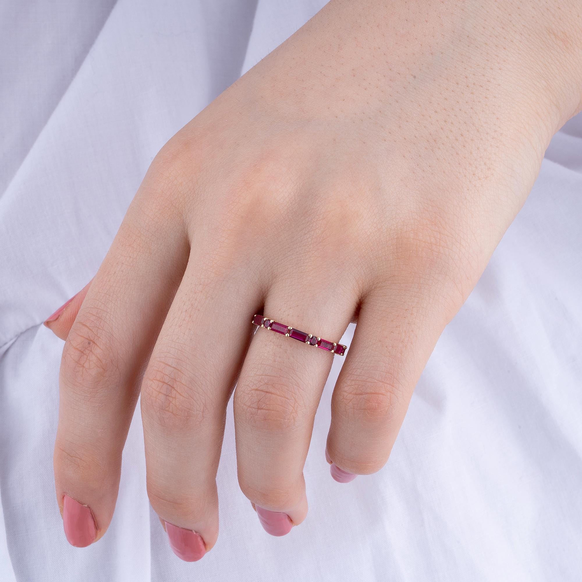 14K Gold Ruby for Woman Rings/ 14K Gold Ruby Thin Half Eternity Rings Gift for Her/ Gold Engagement Rings / Birthday Gifts/ Gift for Her