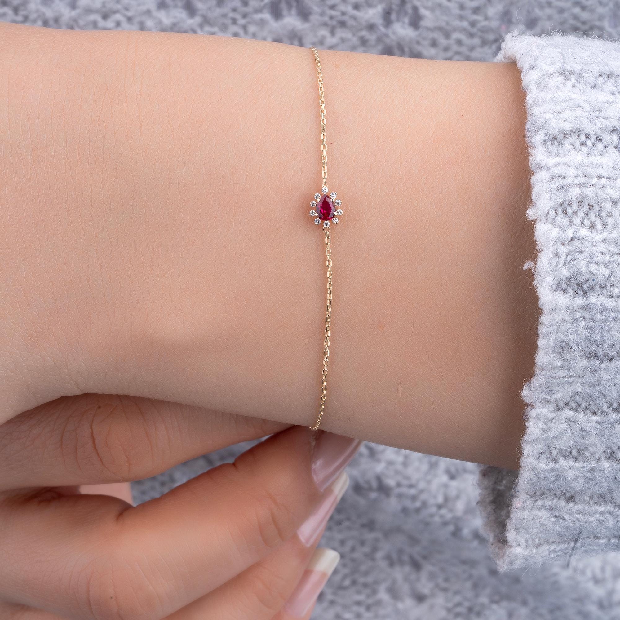 14K Gold Diamond Drop Cut Ruby Bracelet with Pave Diamond for Woman/Gold Diamond Flower Ruby Bracelets/ Gift for Her/ Mothers Day Gift