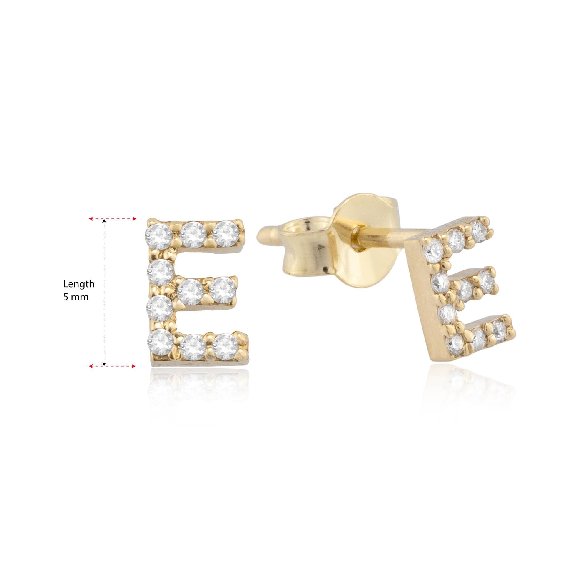 14K Gold Diamond Letter E Initial Stud Earrings with 0.15 ct total weight diamonds, 5mm size, offering delicate elegance and personalization.