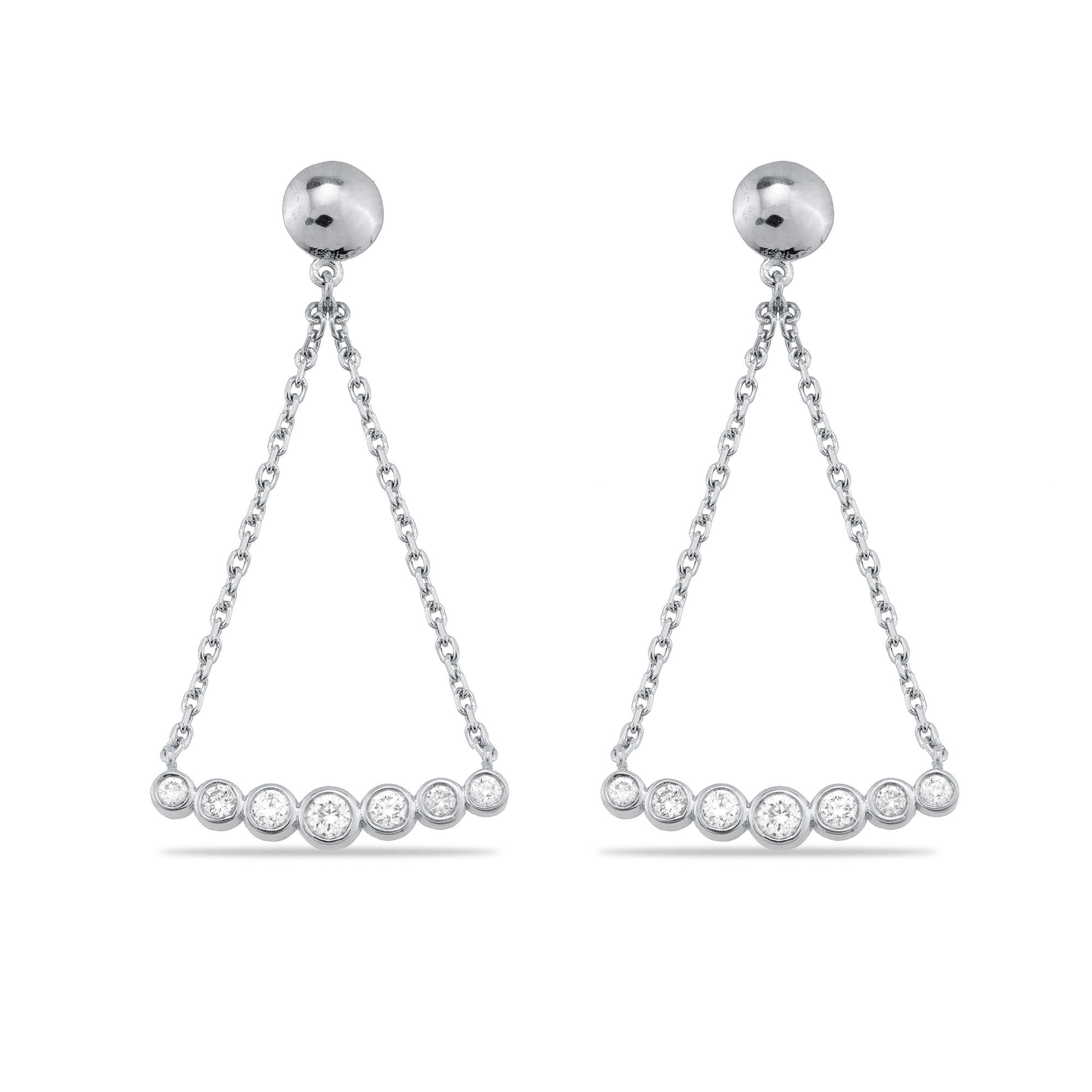 White Gold Diamond Dangle Earrings with brilliant round-cut diamonds in a delicate chain design, featuring 14 diamonds for radiant sparkle.