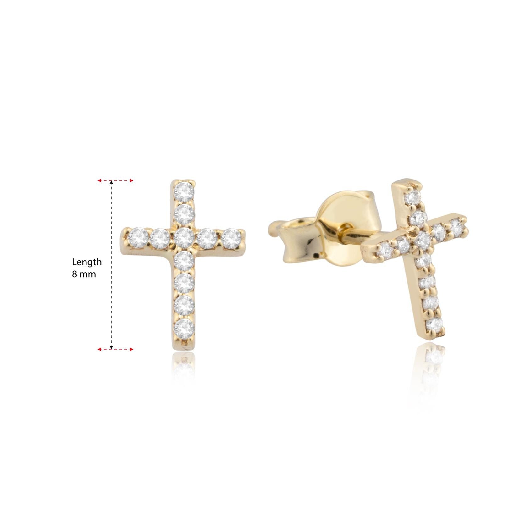14K gold diamond cross stud earrings with 12 diamonds, measuring 8mm in size, ideal for a delicate and timeless look.