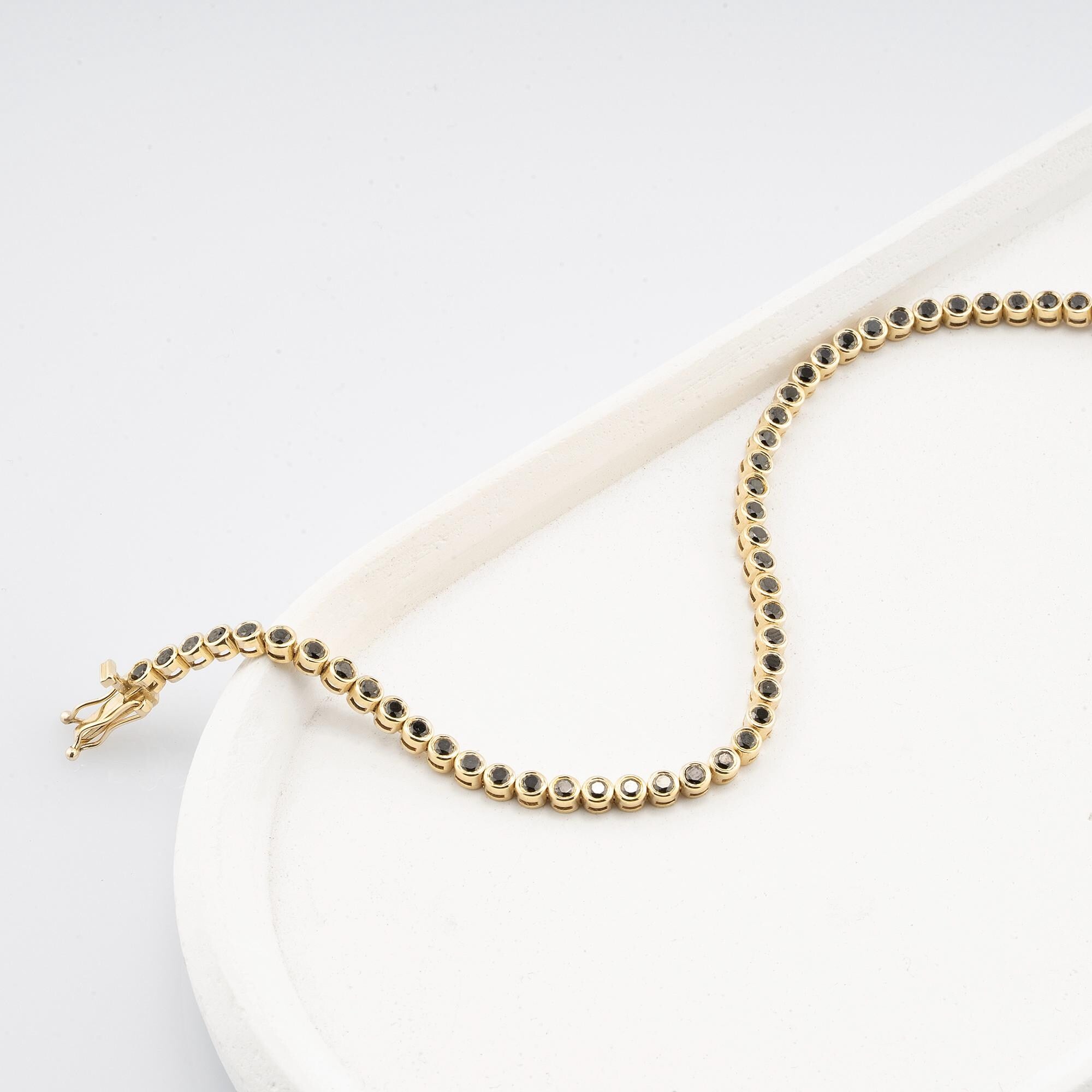 14K Gold Black Diamond Tennis Bracelet / Bezel Set Diamond Bracelet / Dainty Gold Bracelet for Women / Elegant Fine Jewelry Gift for Her