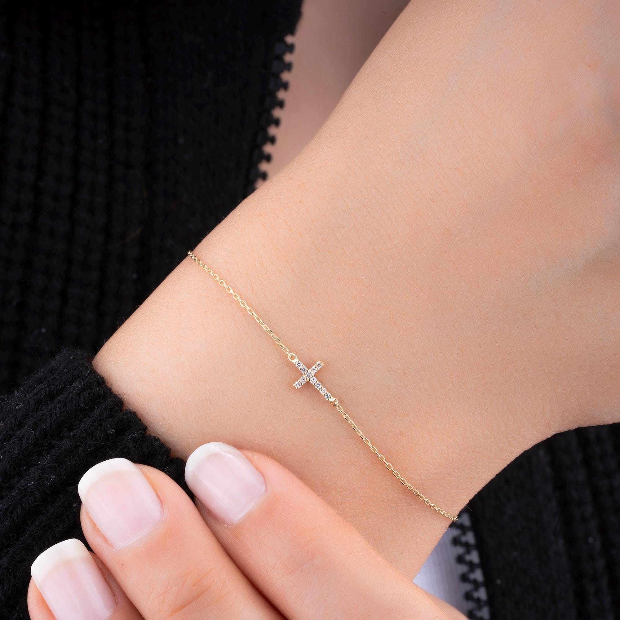 14K Solid Gold Diamond Cross Bracelet/ Religious Jewelry/ Baptism Gift/ Christian Bracelet/ Protective Bracelet/ Gifts for Her/ Mothers Day
