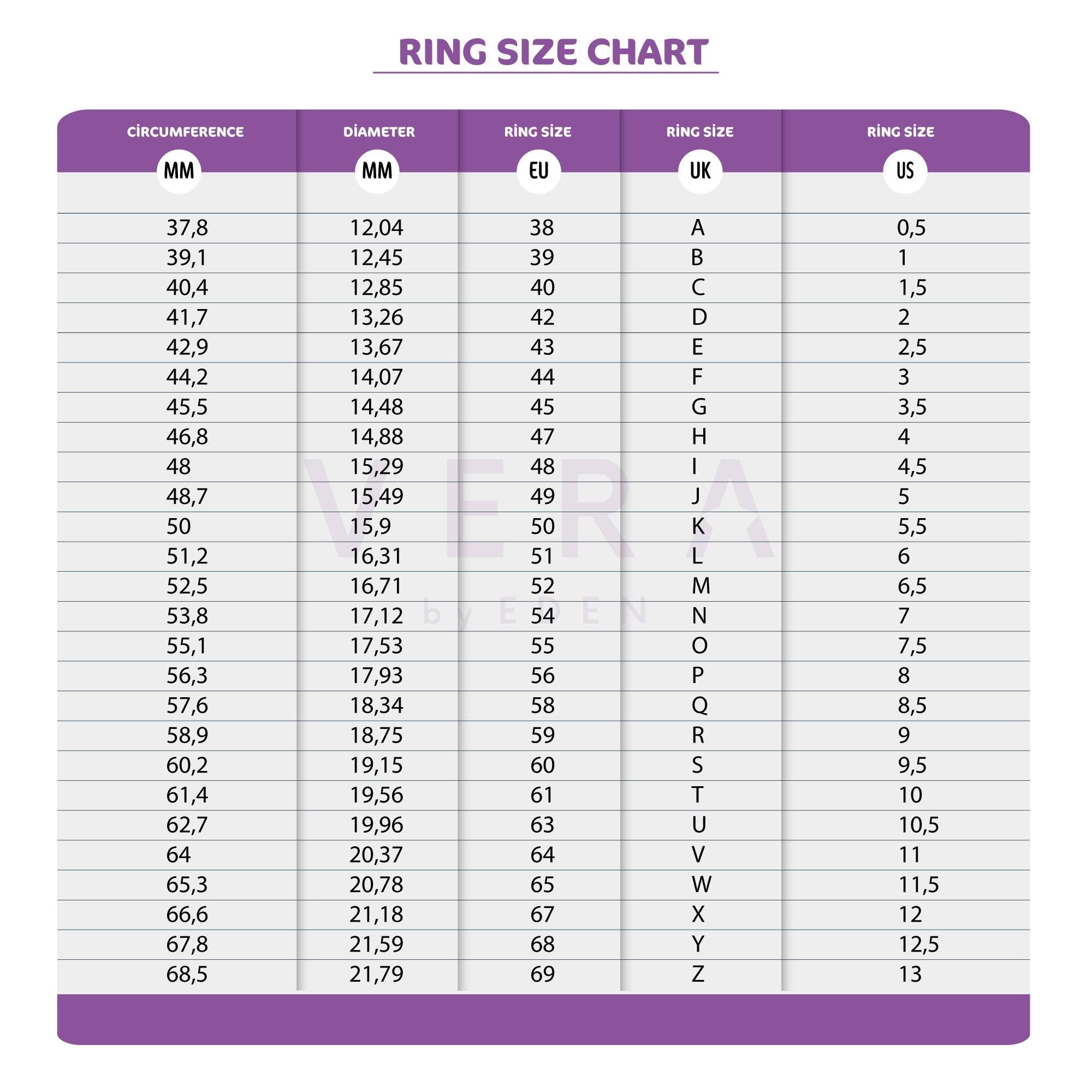Ring size chart from our enamel catalog, featuring a variety of 14K solid gold rings in vibrant colors with colorful enamel designs.