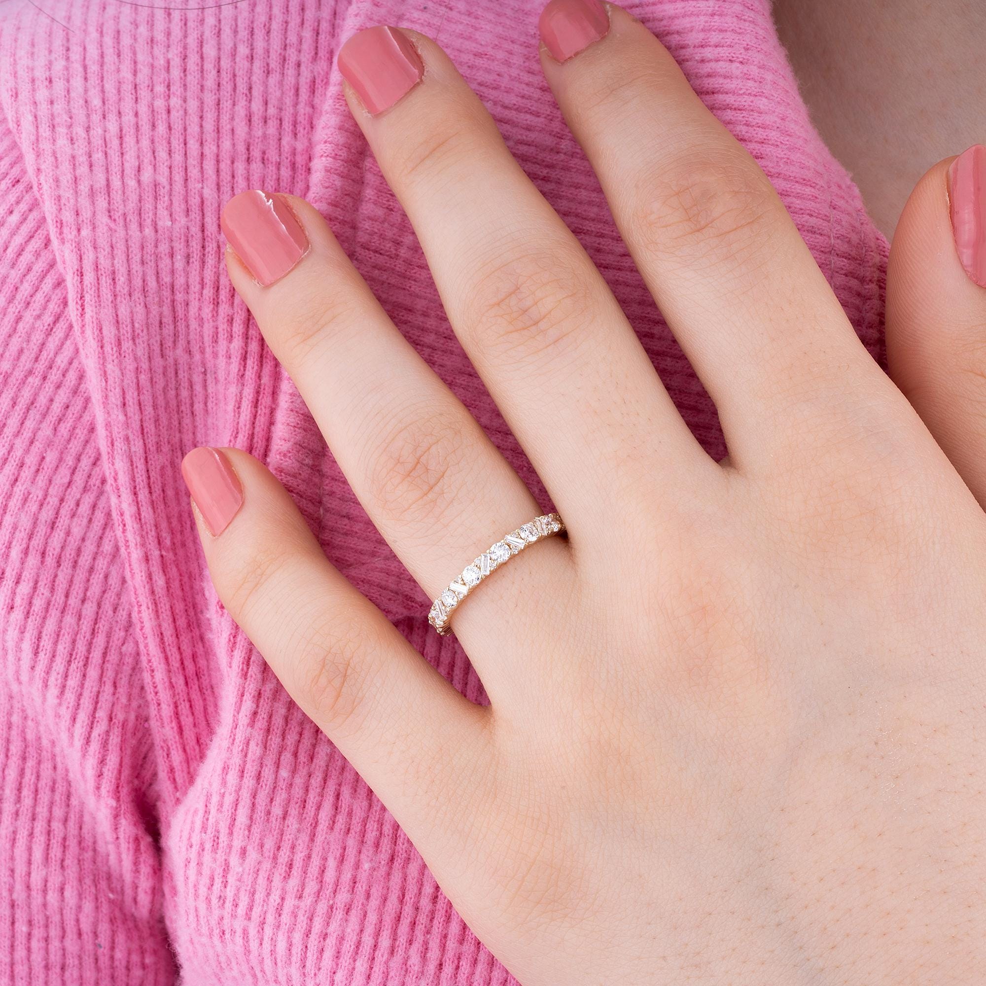 14K Gold Diamond Eternity Ring/ Round and Baguette Diamond Band/ Classic Pave Diamond Ring/ Engagement Ring/ Wedding Ring/ Gift for Her