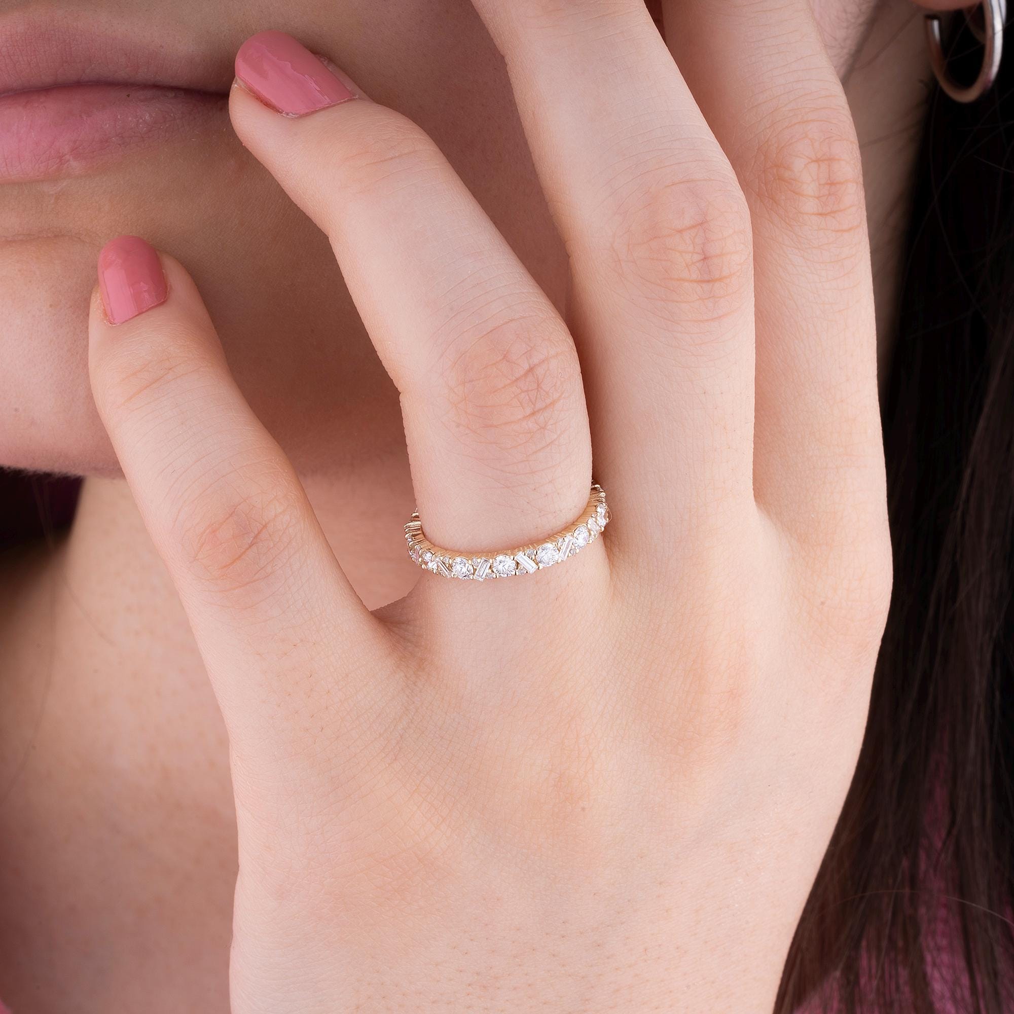 14K Gold Diamond Eternity Ring/ Round and Baguette Diamond Band/ Classic Pave Diamond Ring/ Engagement Ring/ Wedding Ring/ Gift for Her