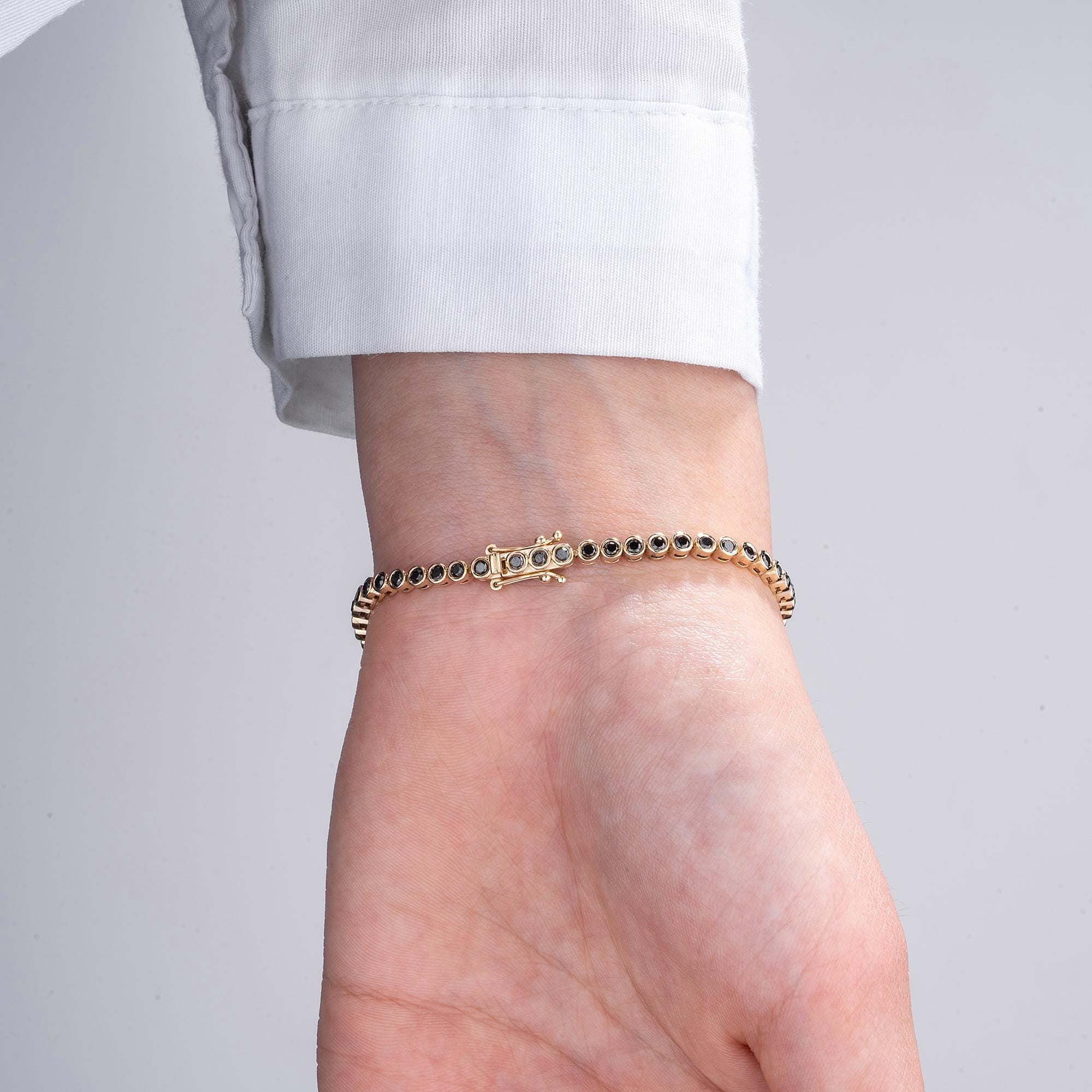 14K Gold Black Diamond Tennis Bracelet / Bezel Set Diamond Bracelet / Dainty Gold Bracelet for Women / Elegant Fine Jewelry Gift for Her