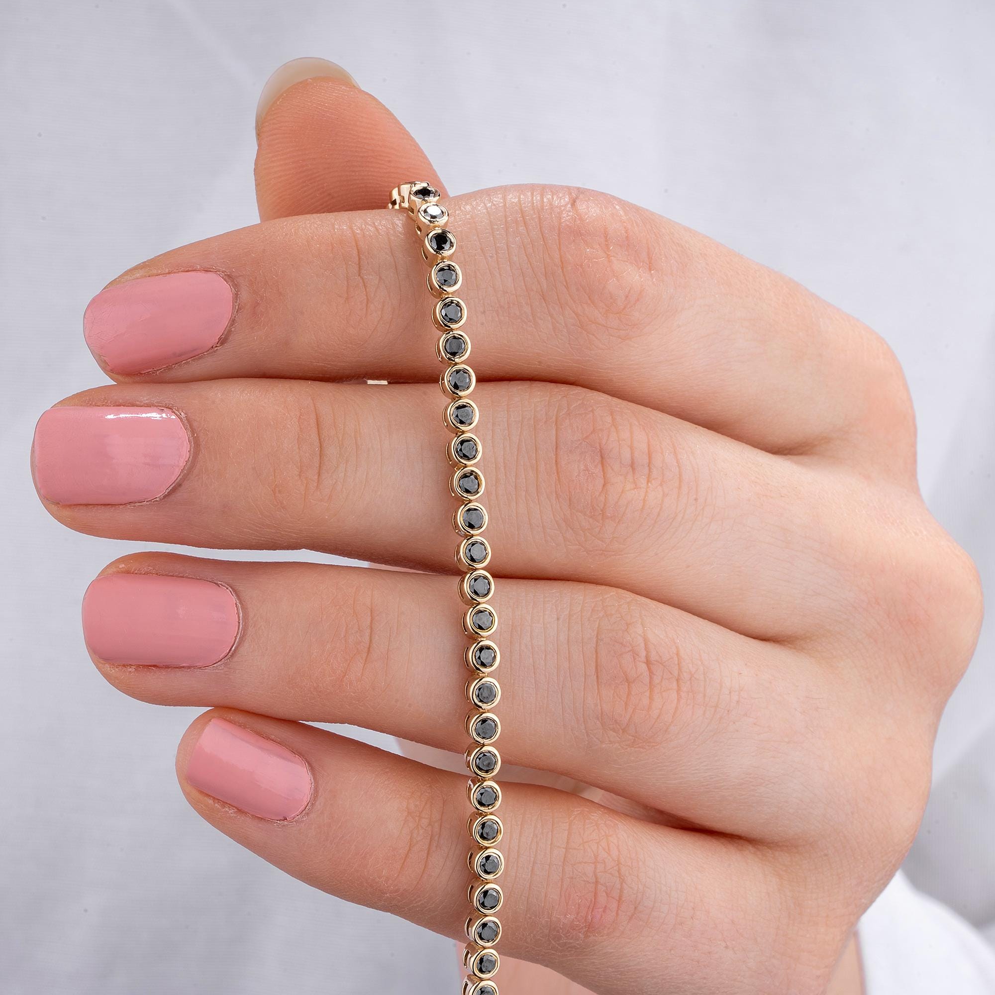 14K Gold Black Diamond Tennis Bracelet / Bezel Set Diamond Bracelet / Dainty Gold Bracelet for Women / Elegant Fine Jewelry Gift for Her