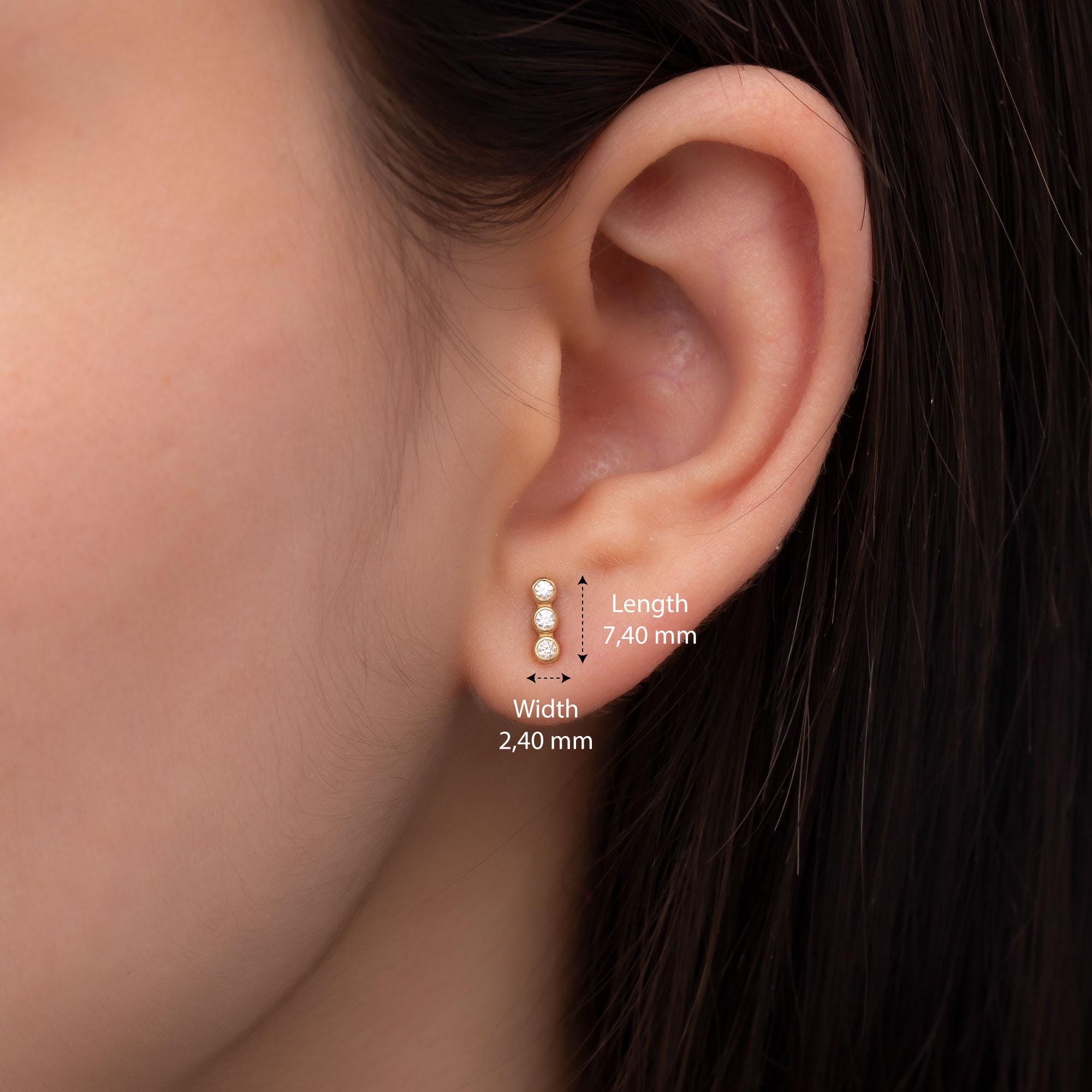 14K Gold Diamond Three Stone Earrings/ Dainty Gold Diamond Stud Earrings/ Minimalist Gold Diamond Woman Studs Earrings/ Mothers Day Gift