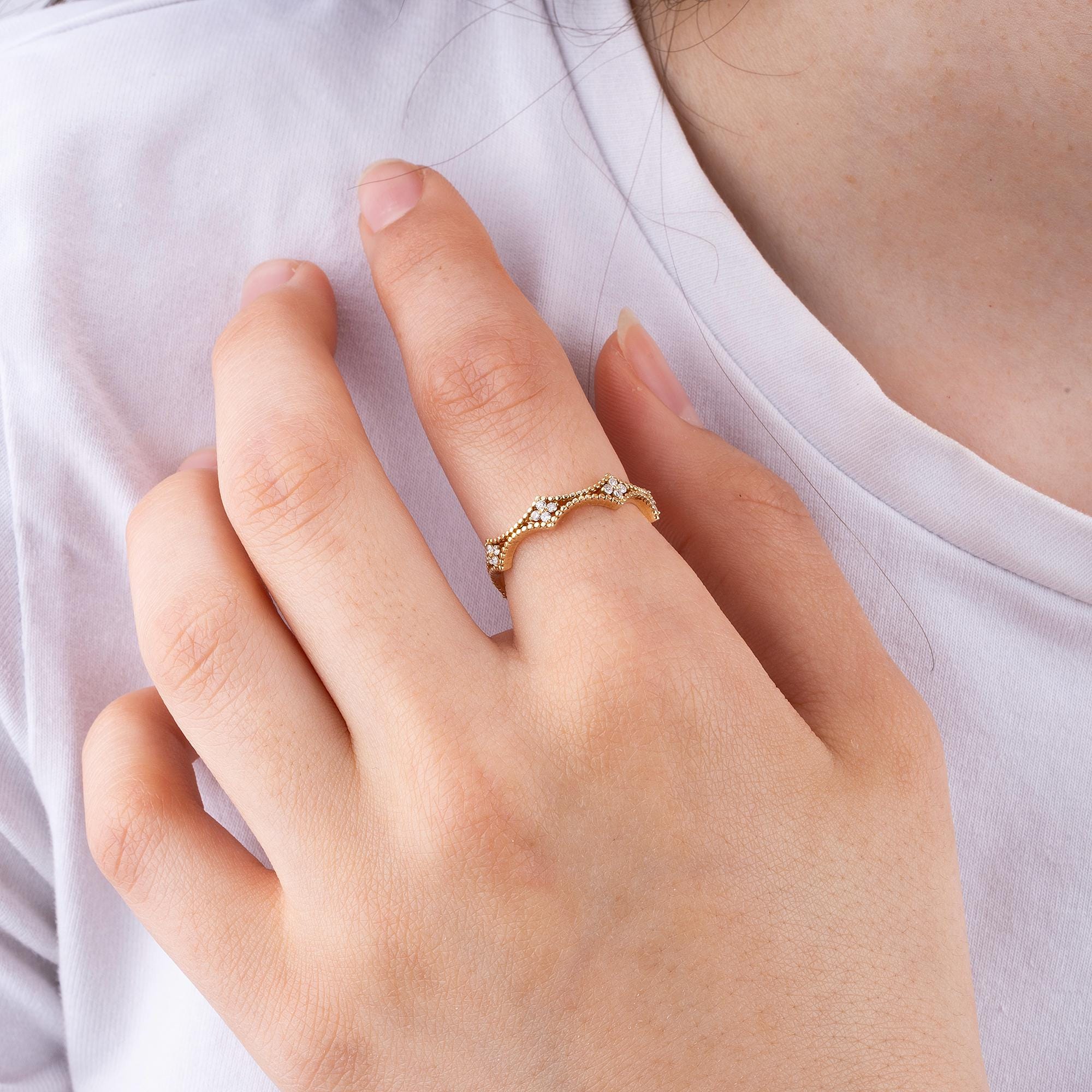 14K Gold Diamond Flower Rings for Woman/Unique Gold Diamond Stacking Ring Gift for Her/ Birthday Gift/ Gift for Her/ Mothers Day Gift