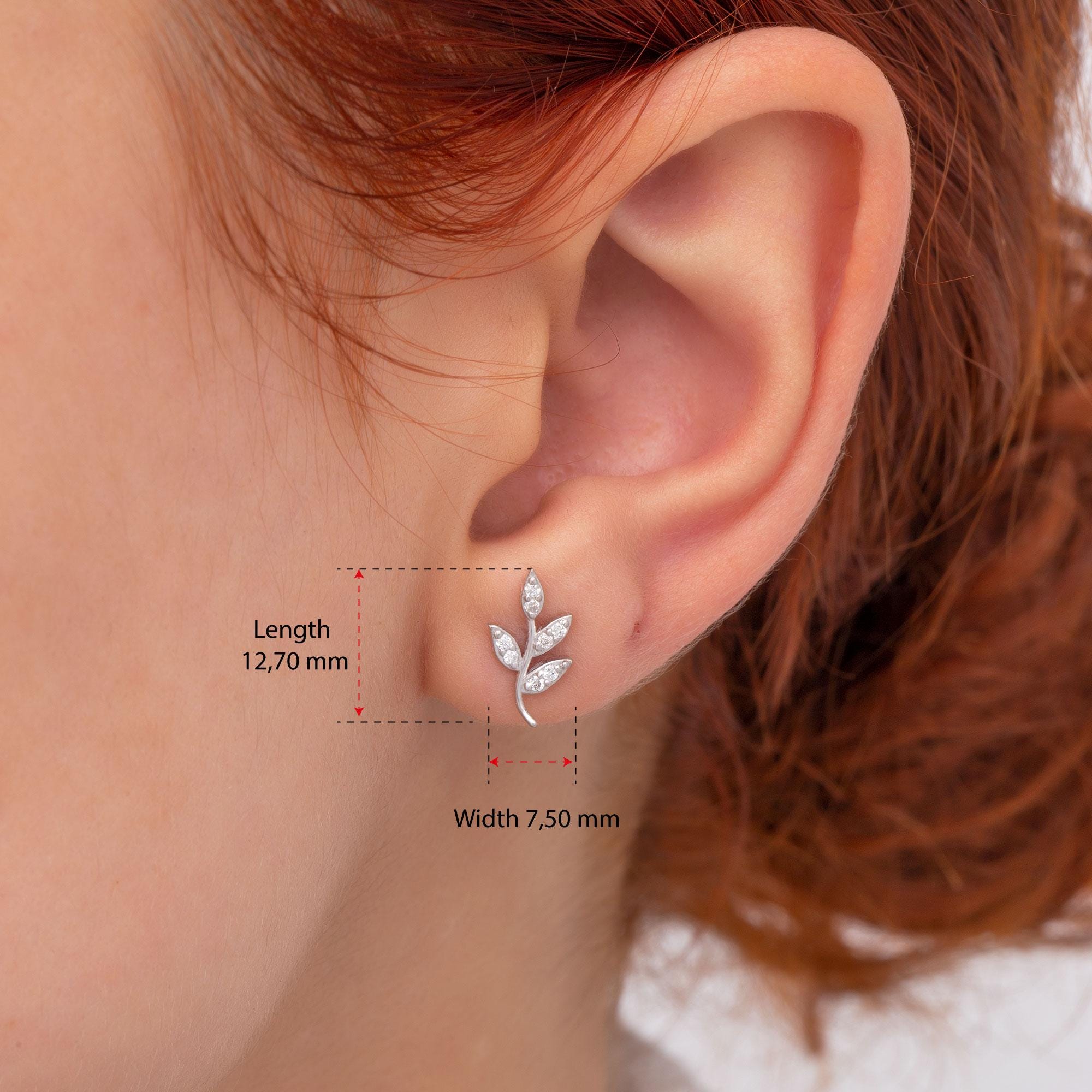 14K Gold Leaf Stud Earrings/ Diamond Stud Earrings for Her/ Tiny Leaf Studs for Woman/ Gold Diamond Woman Earrings/ The Mom/ Gift for Her