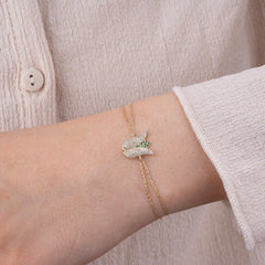 14K Gold Diamond Tulip Bracelet / Ottoman Tulip Jewelry for Women / Double Chain Gold Bracelet / Green & White Diamond Gift / Gift for Her