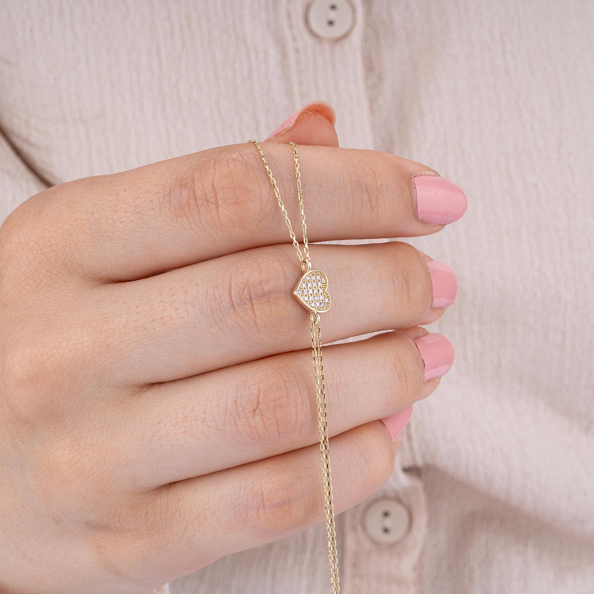 14K Gold Diamond Heart Bracelet/ Dainty Gold Diamond Heart Bracelets Gifts for Her/ Gold Heart Bracelet Birthday Gifts for Her/ Gift for Her