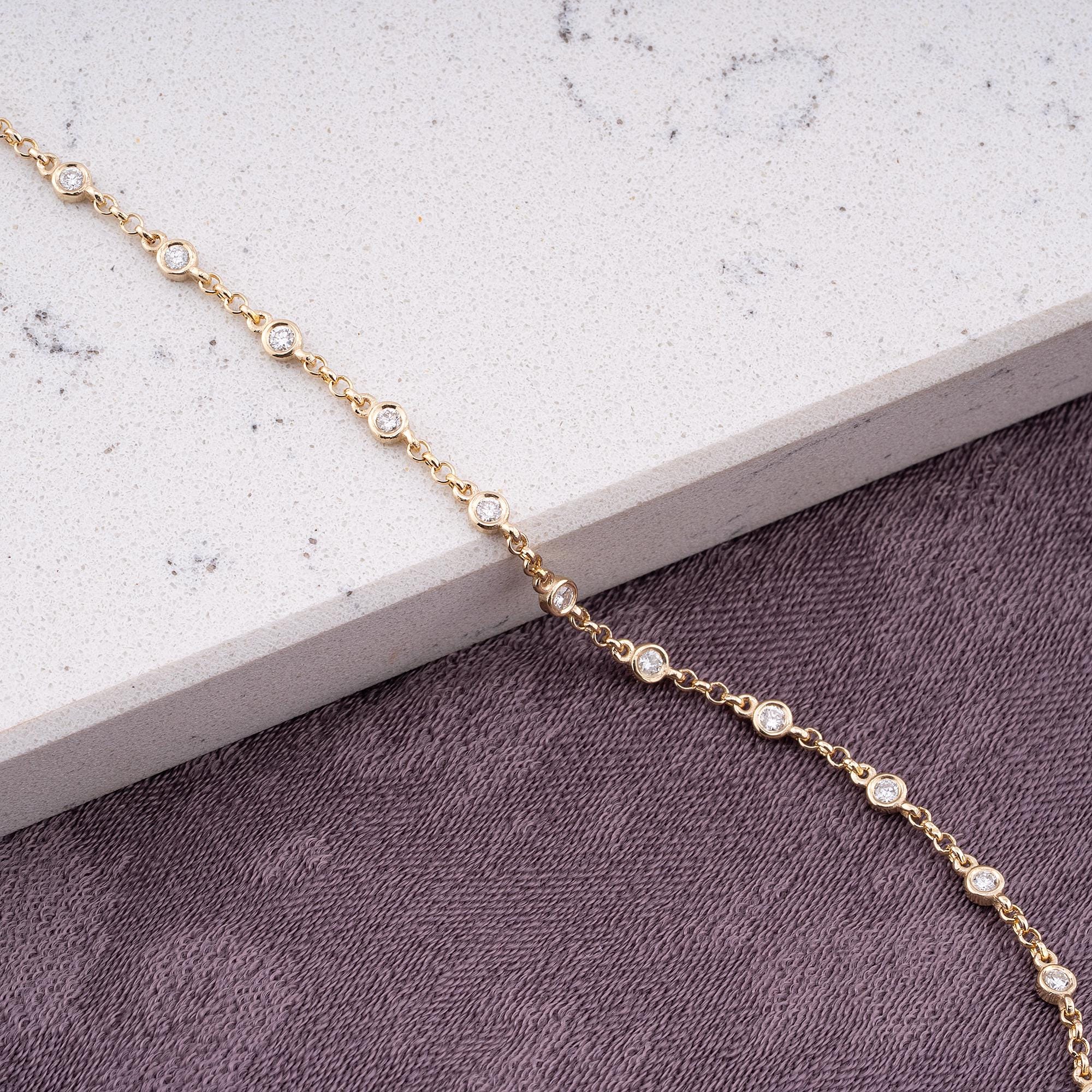 14K Gold Diamond Station Bracelet / Dainty Bezel Set Diamond Bracelet / Solid Gold Chain Bracelet / Everyday Fine Jewelry / Gift for Her