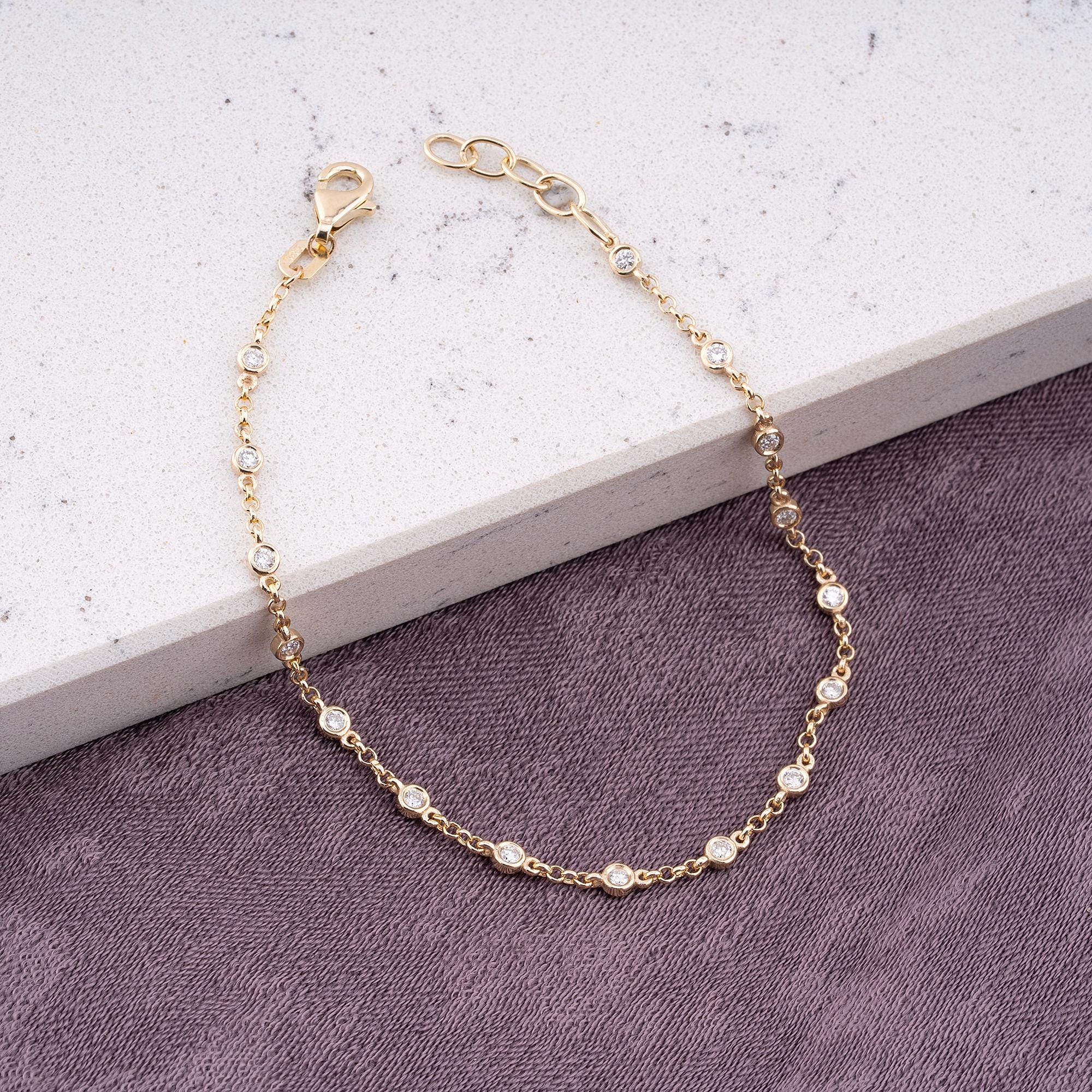 14K Gold Diamond Station Bracelet / Dainty Bezel Set Diamond Bracelet / Solid Gold Chain Bracelet / Everyday Fine Jewelry / Gift for Her