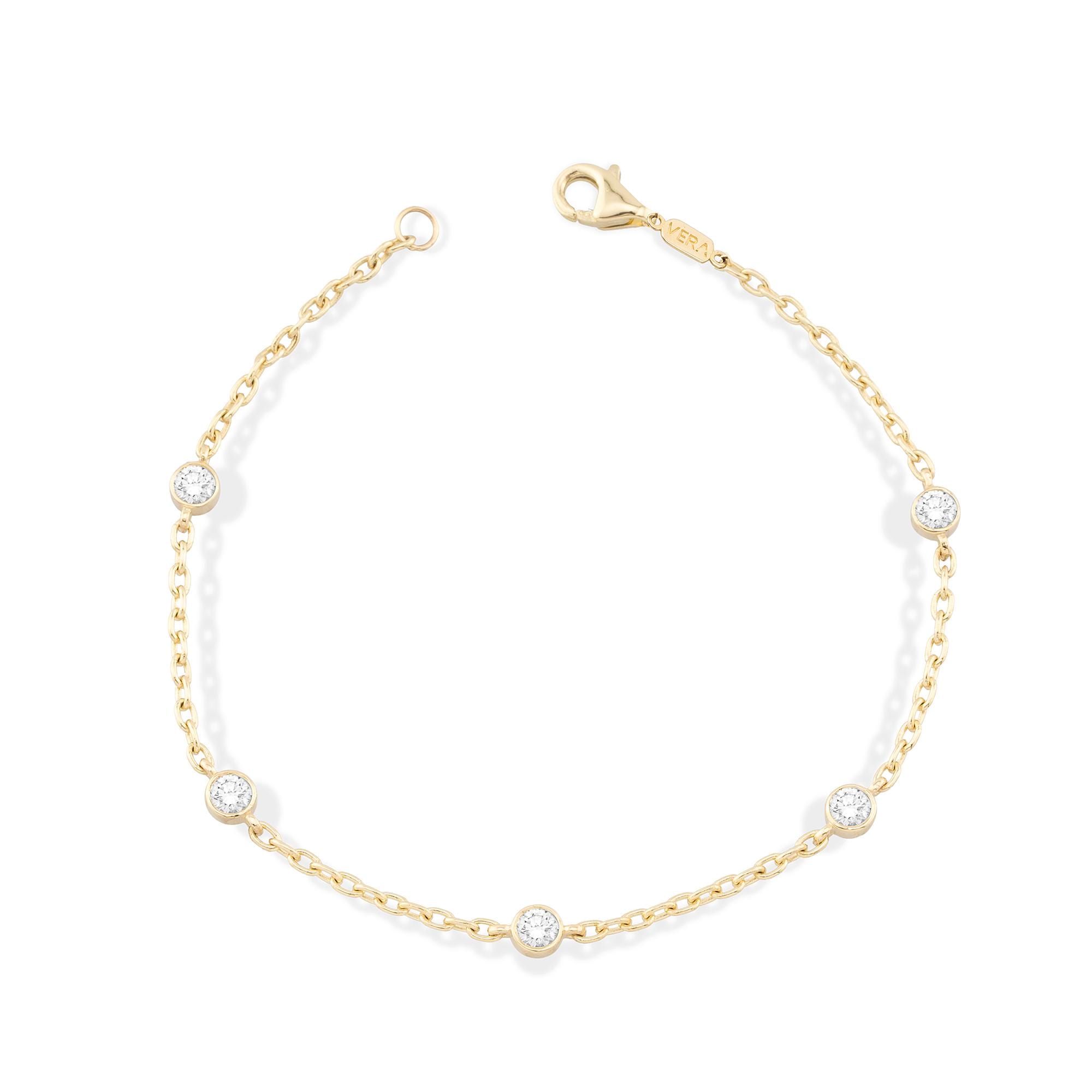 14K Gold Diamond Station Bracelet with Bold Chain / Dainty Bezel Set Diamond Bracelet / Solid Gold Chain Bracelet for Women / Gift for Her