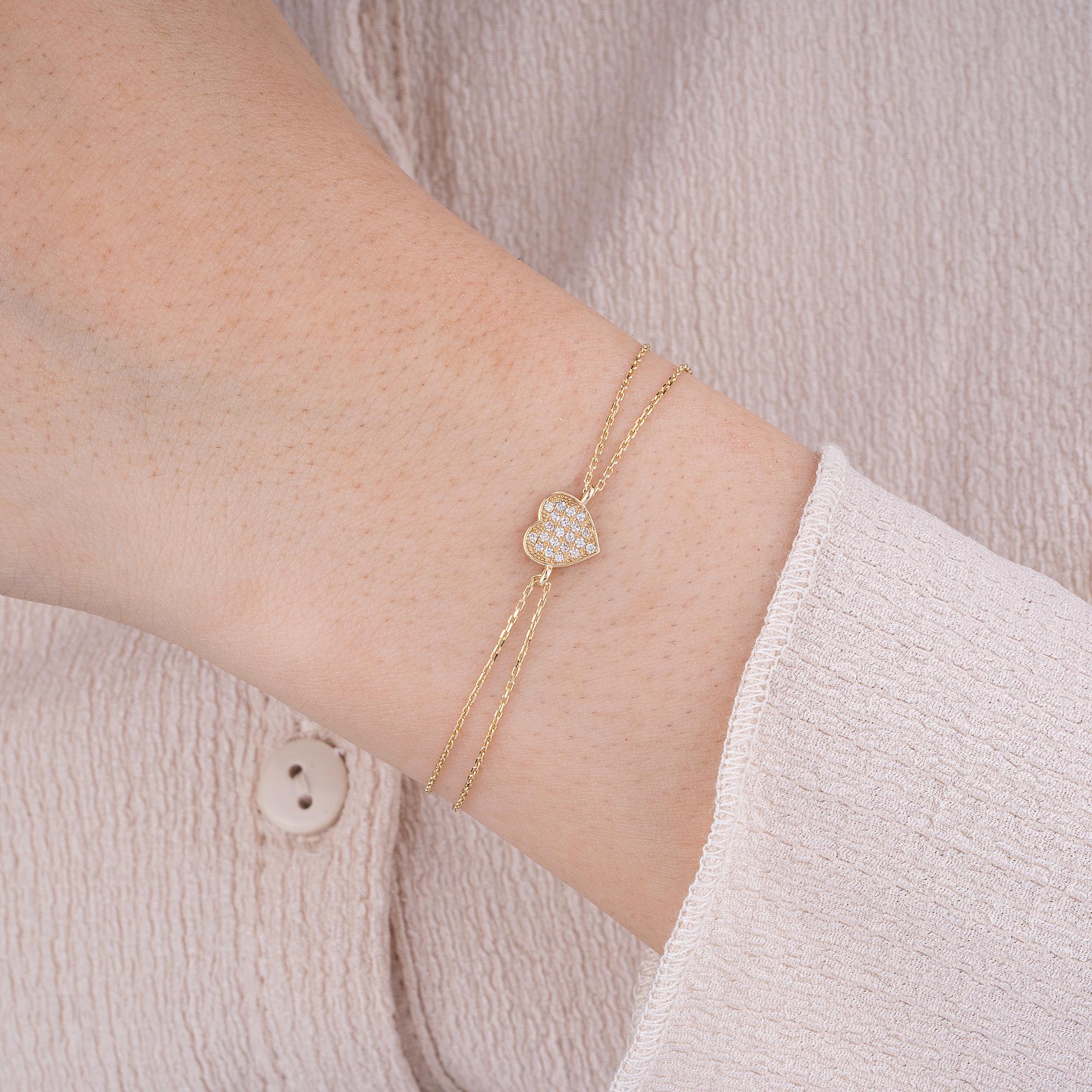 14K Gold Diamond Heart Bracelet/ Dainty Gold Diamond Heart Bracelets Gifts for Her/ Gold Heart Bracelet Birthday Gifts for Her/ Gift for Her