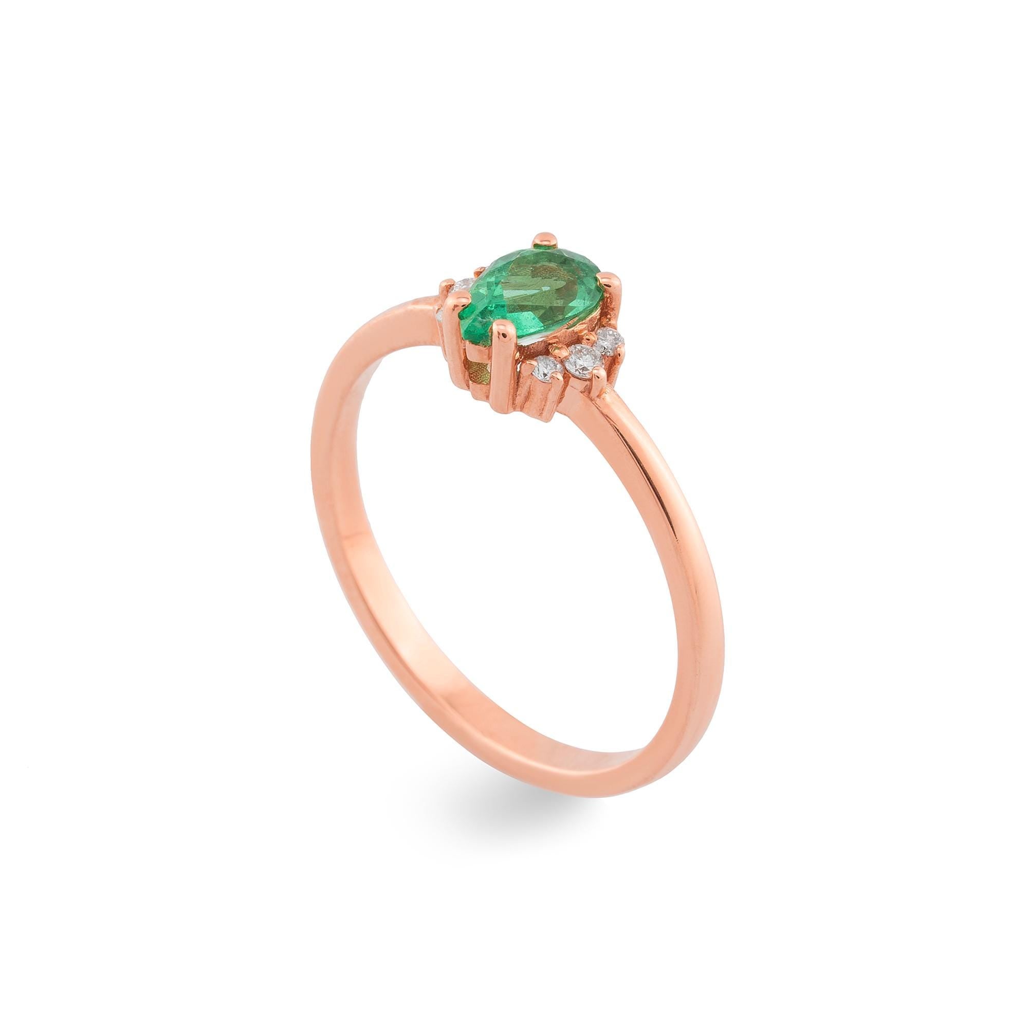 14K Gold Diamond Emerald Engagement Ring for Woman/ Gold Drop Cut Emerald Ring with Diamond/ Gold Diamond Emerald Ring Gift/ Gift for Her