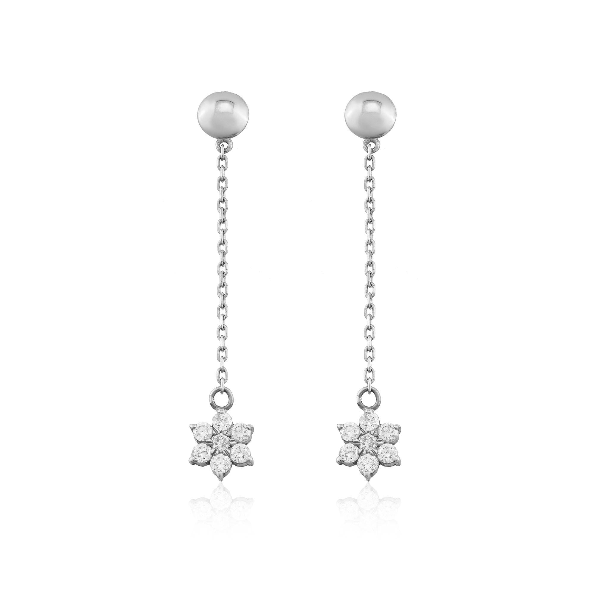 14K Gold Diamond Flower Earrings/ Flower Long Dangle Earrings/ 14K Gold Diamond Woman Earrings/ Gold Earrings Gift for Her/ Gifts for Her
