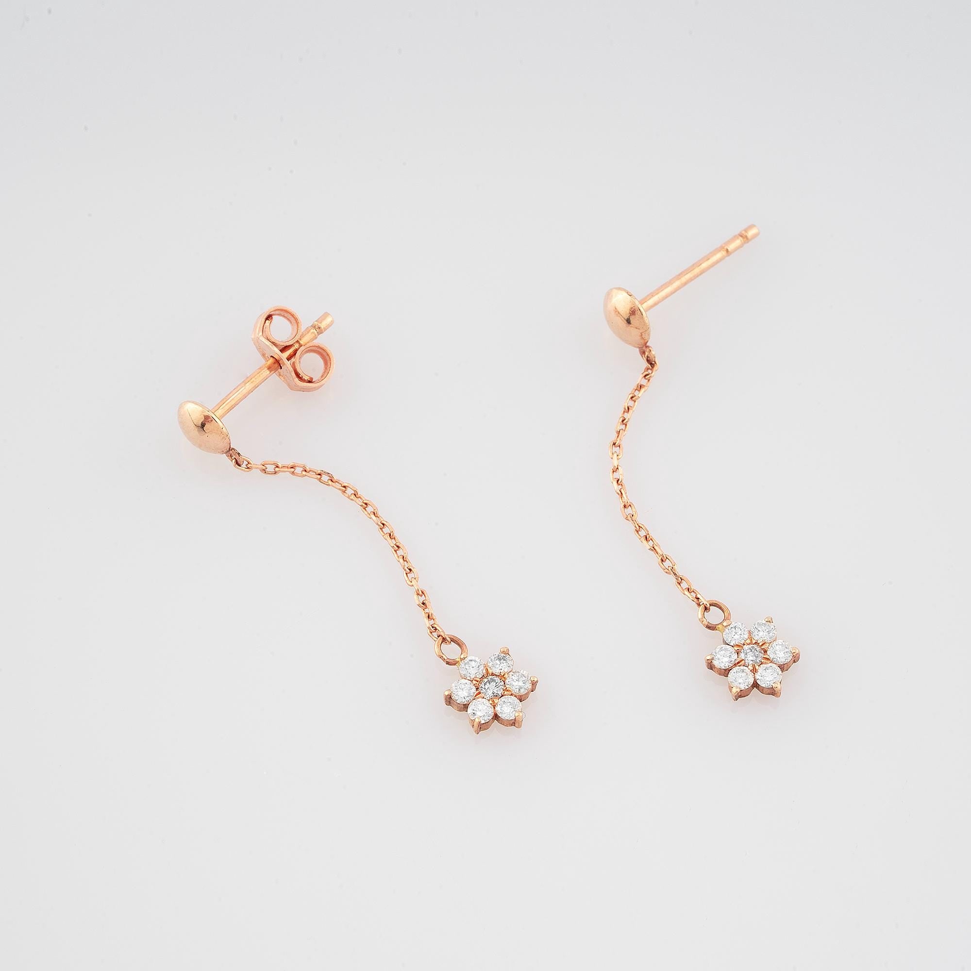 14K Gold Diamond Flower Earrings/ Flower Long Dangle Earrings/ 14K Gold Diamond Woman Earrings/ Gold Earrings Gift for Her/ Gifts for Her