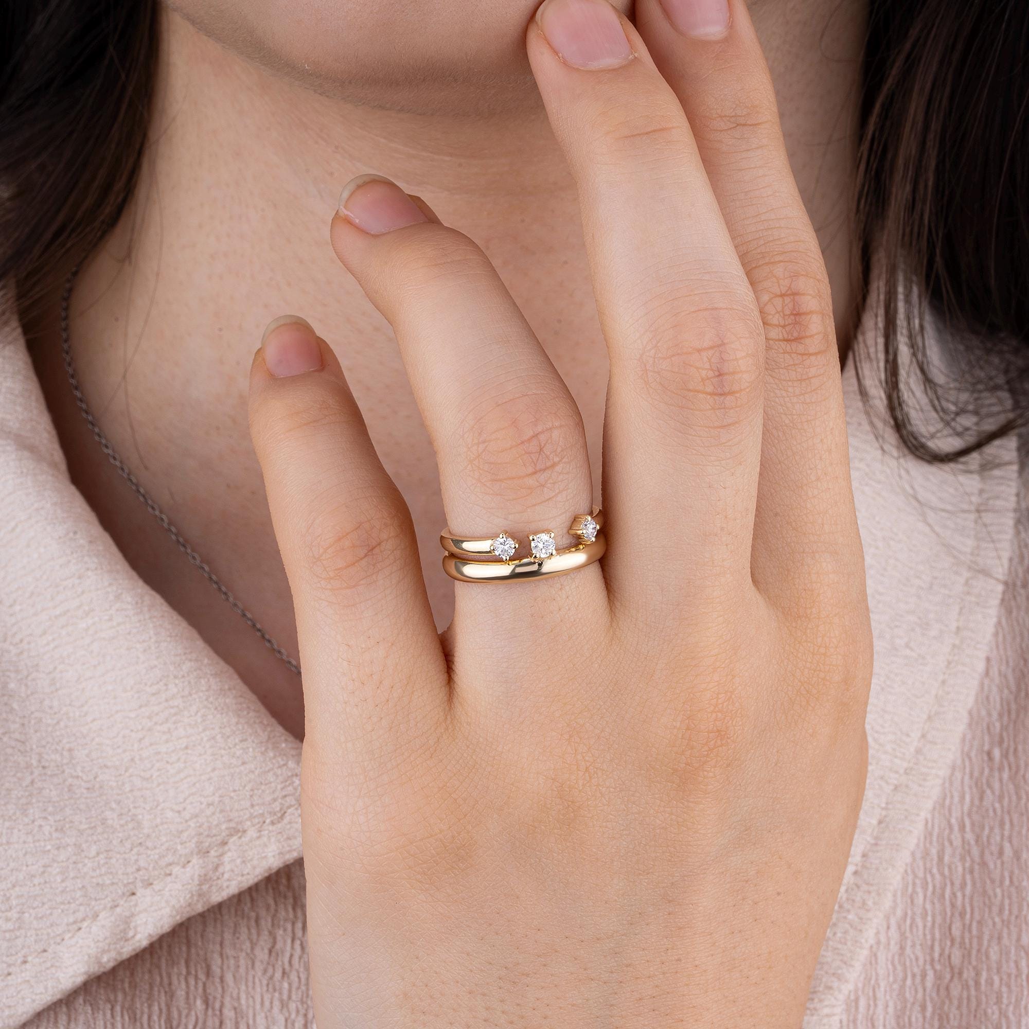 14K Gold Diamond Open Ring for Women/ Dainty Adjustable Gold Ring/ Modern Minimalist Diamond Ring/ Gift for Her/ Stackable Fine Jewelry