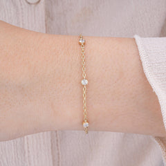 14K Gold Diamond Station Bracelet with Bold Chain / Dainty Bezel Set Diamond Bracelet / Solid Gold Chain Bracelet for Women / Gift for Her