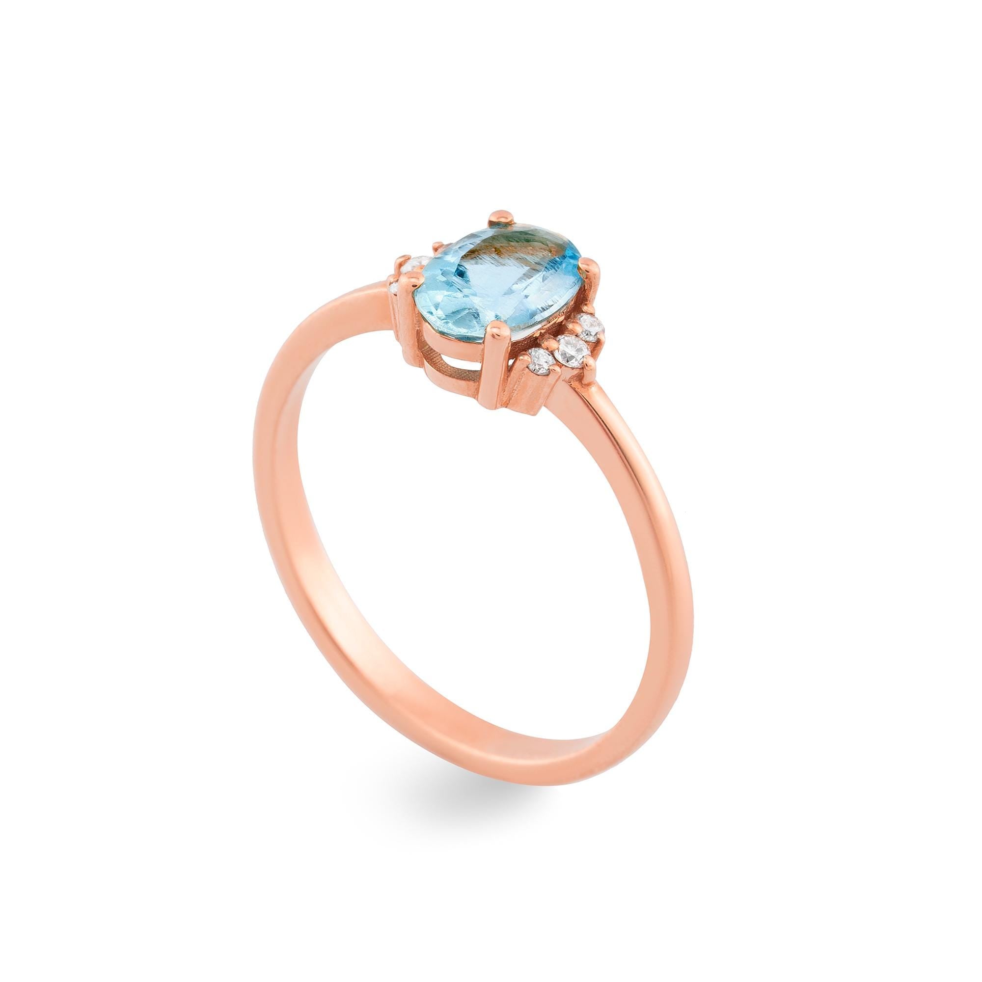 14K Gold Diamond Aquamarine Engagement Ring for Woman/ Gold Oval Cut Aquamarine Ring with Diamond/ Gift for Her/ Mothers Day Gift