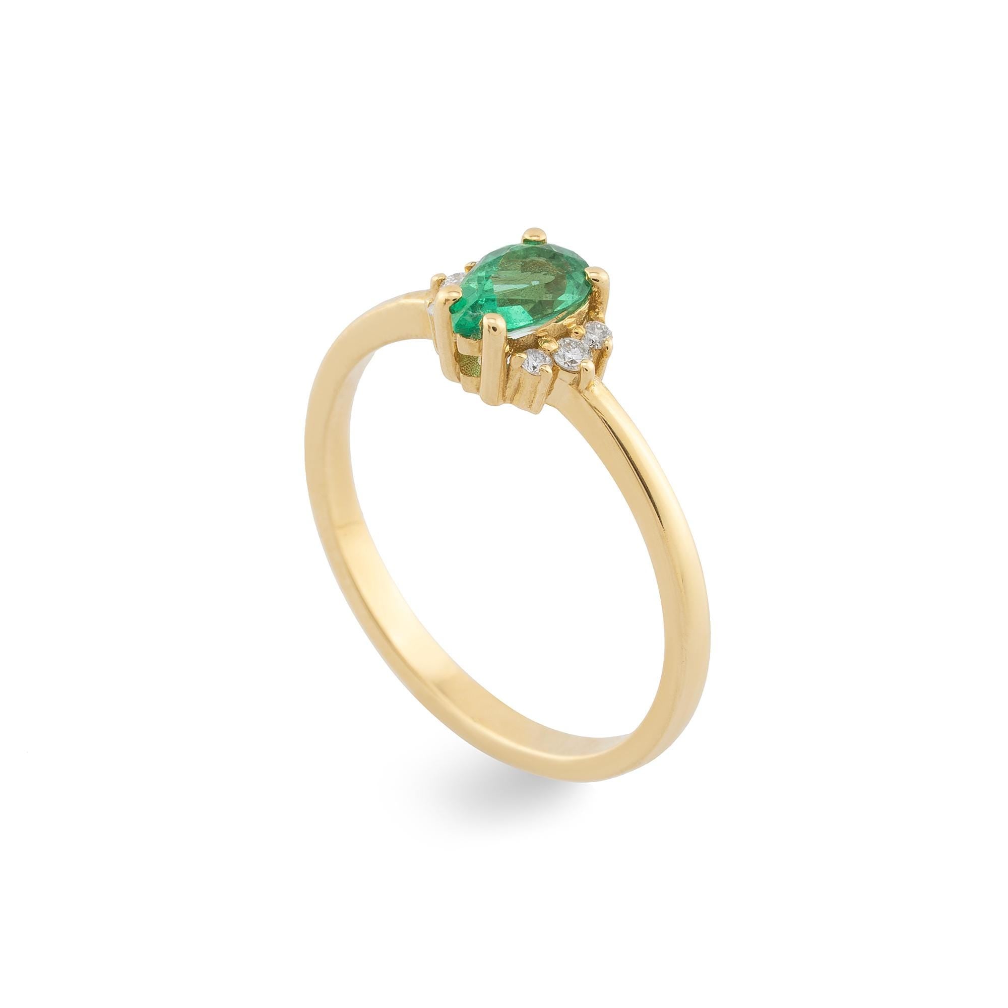 14K Gold Diamond Emerald Engagement Ring for Woman/ Gold Drop Cut Emerald Ring with Diamond/ Gold Diamond Emerald Ring Gift/ Gift for Her