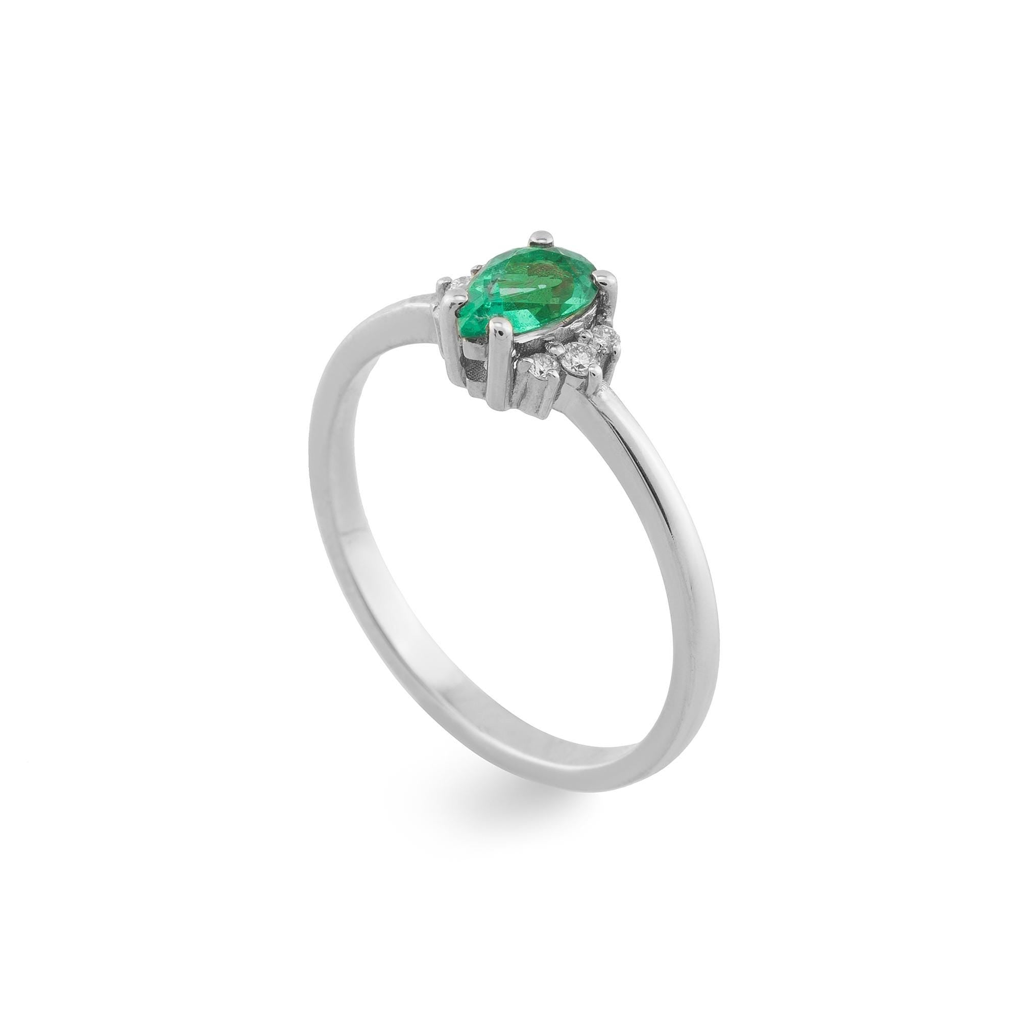 14K Gold Diamond Emerald Engagement Ring for Woman/ Gold Drop Cut Emerald Ring with Diamond/ Gold Diamond Emerald Ring Gift/ Gift for Her