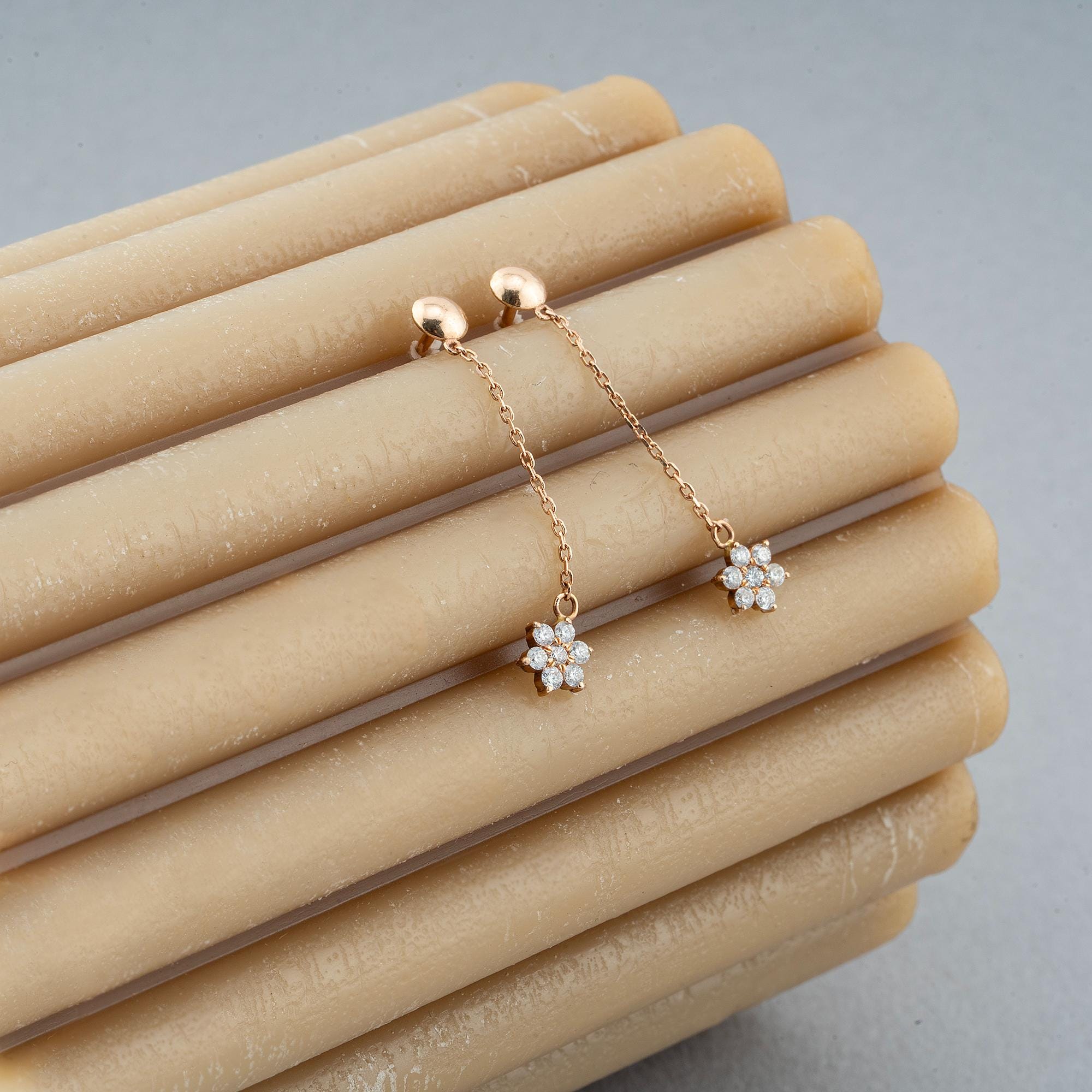 14K Gold Diamond Flower Earrings/ Flower Long Dangle Earrings/ 14K Gold Diamond Woman Earrings/ Gold Earrings Gift for Her/ Gifts for Her