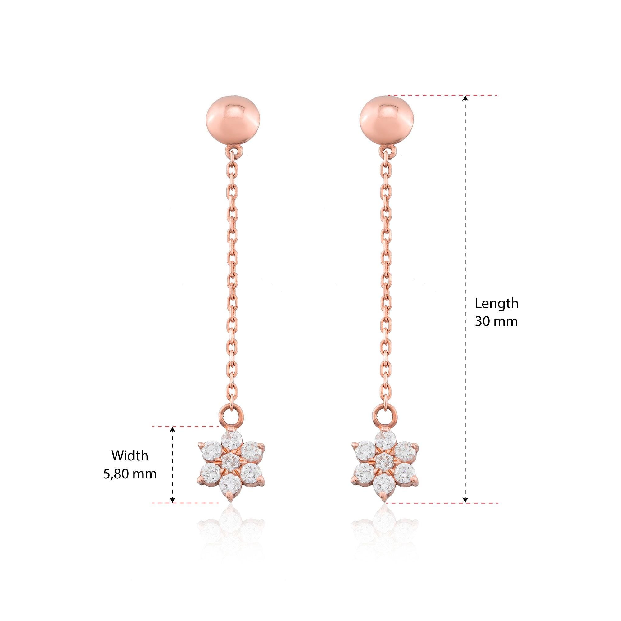 14K Gold Diamond Flower Earrings/ Flower Long Dangle Earrings/ 14K Gold Diamond Woman Earrings/ Gold Earrings Gift for Her/ Gifts for Her