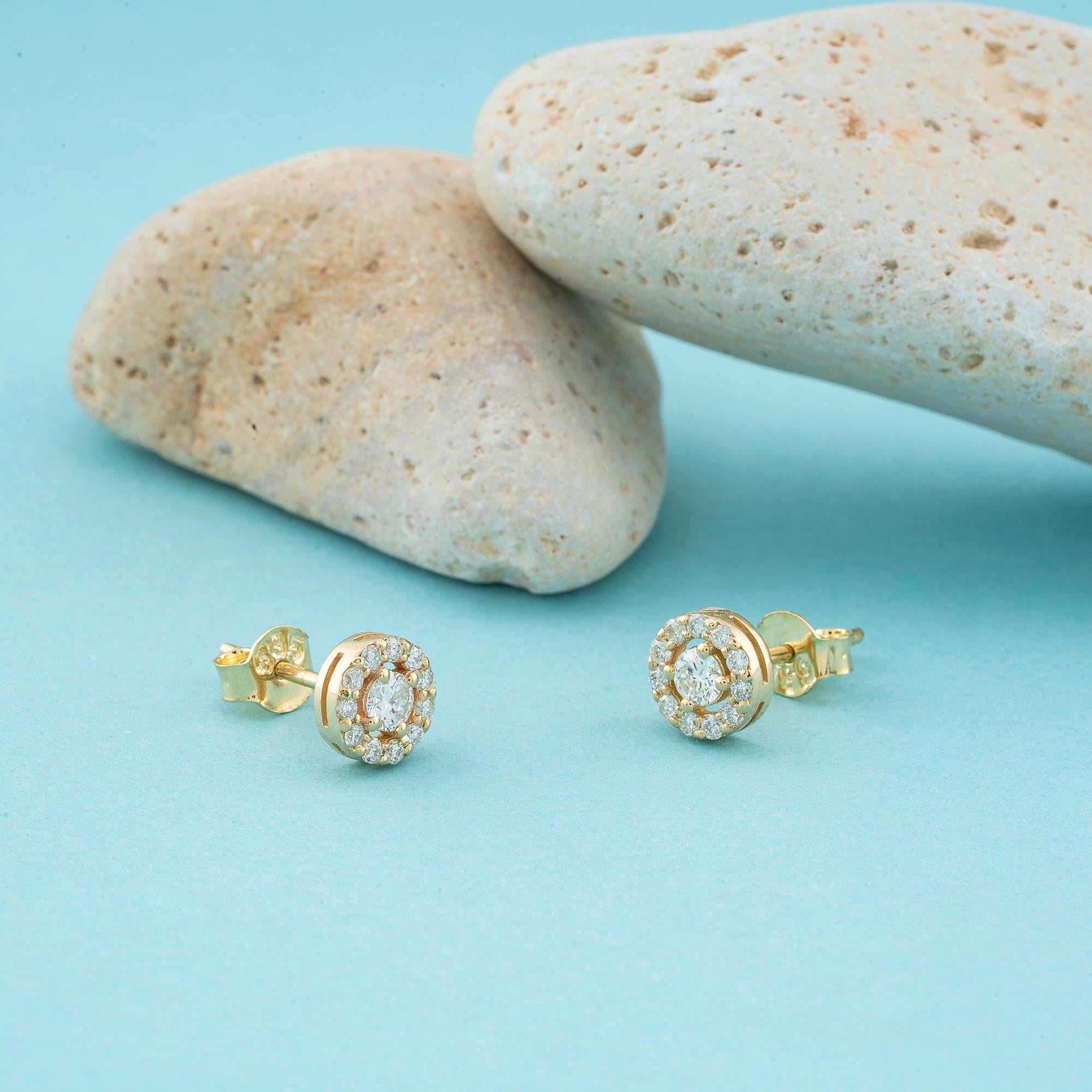 14K Gold Diamond Halo Earrings: Handmade Studs, F-G Color