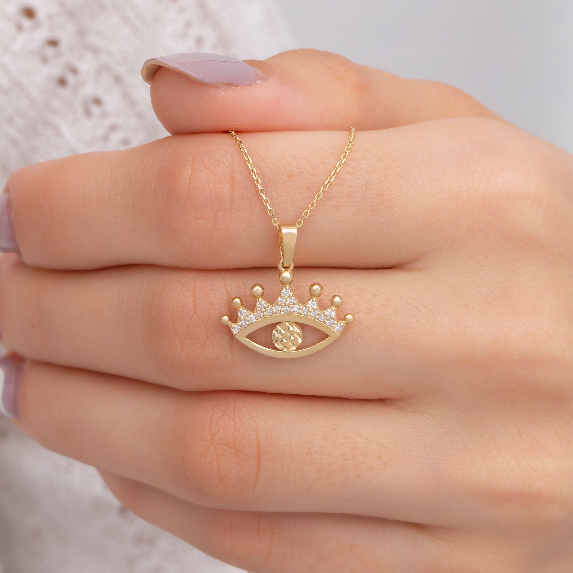 14K Gold Diamond Crown Eye Woman Necklace