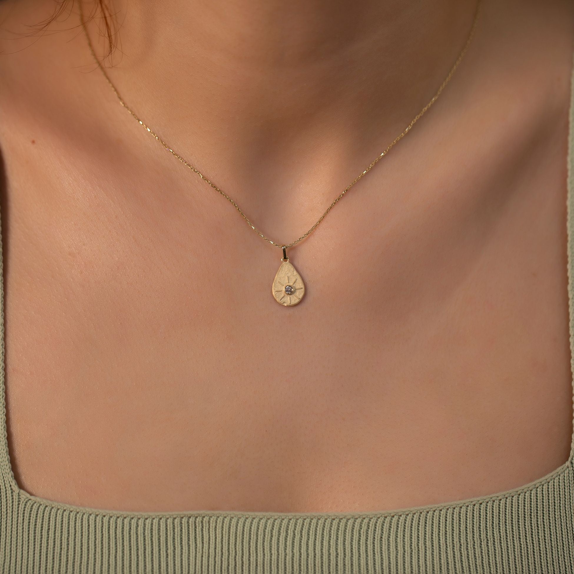 14K Gold Diamond Matte and Tumbled Pear Charm Necklace