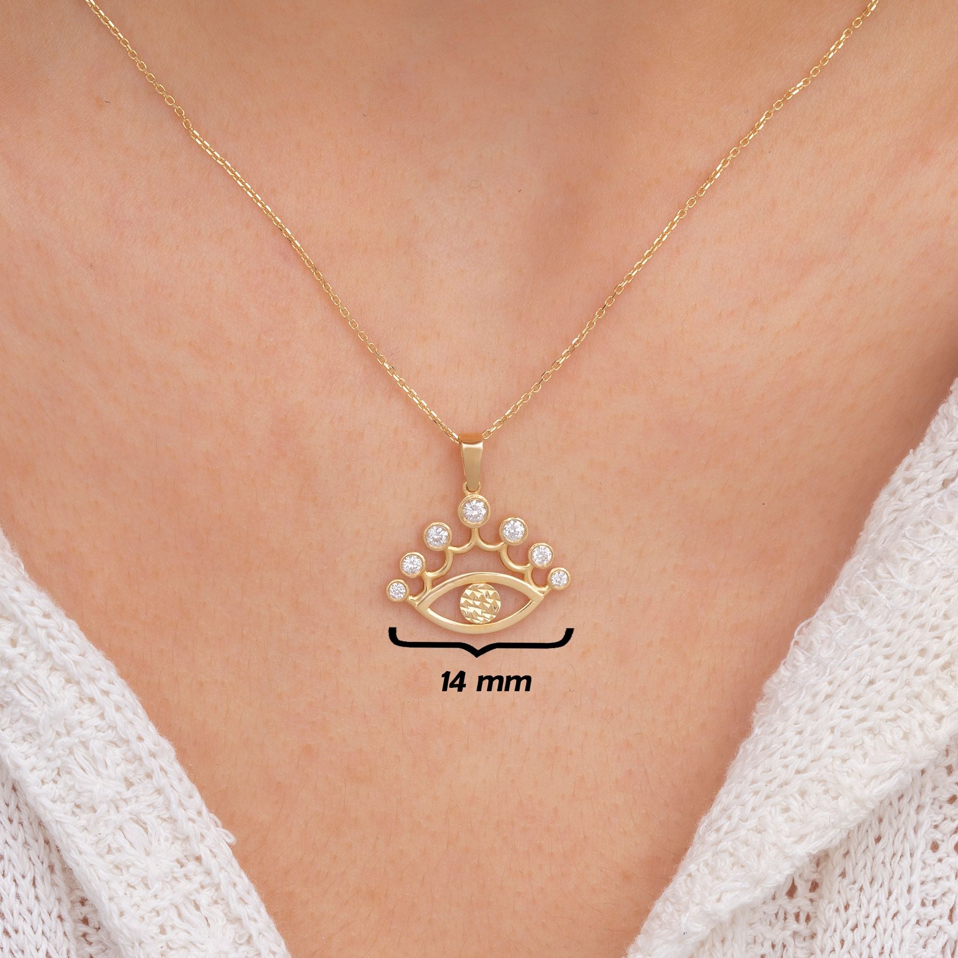 14K Gold Diamond King Crown Eyelash Eye Woman Necklace