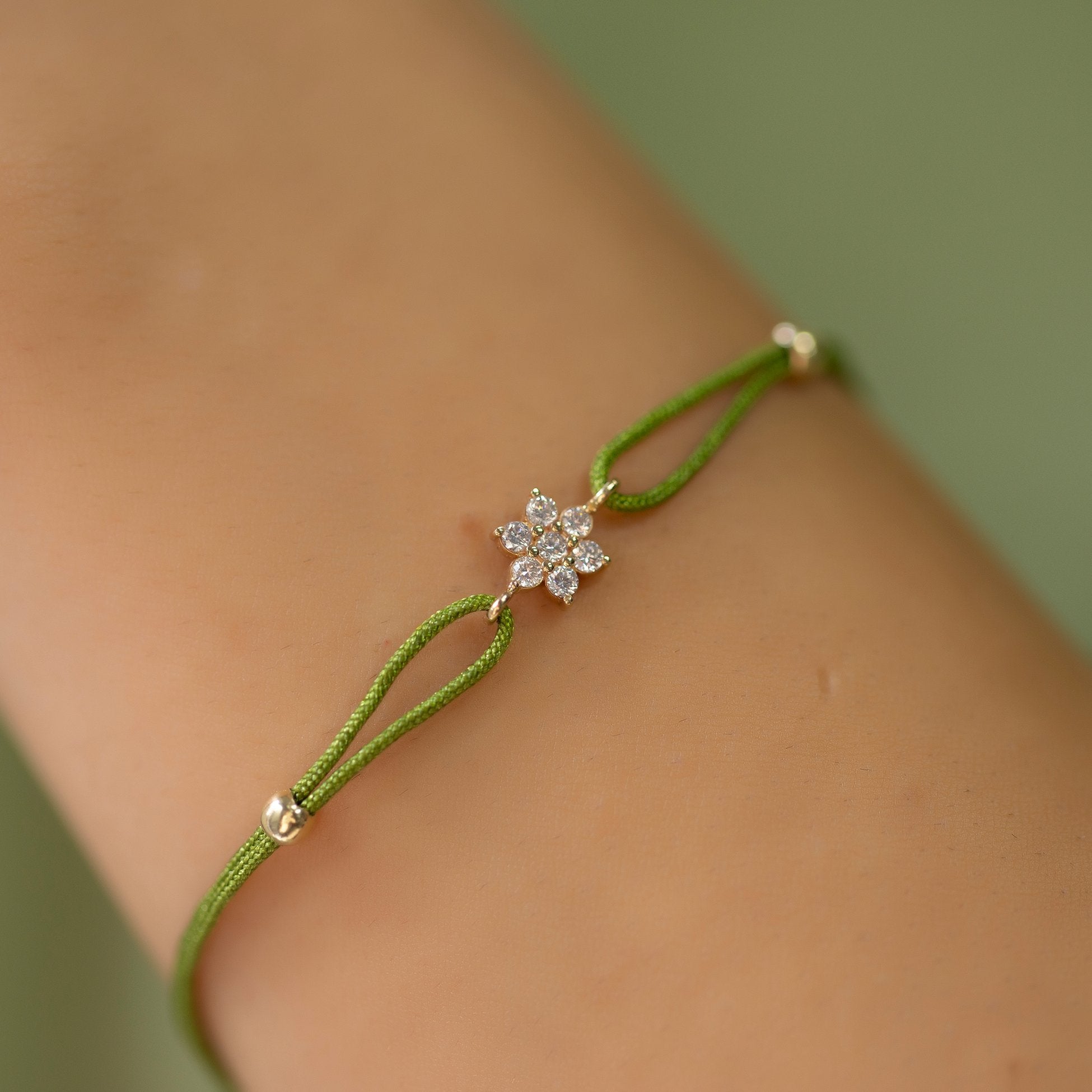 14K Gold Diamond Flower Charm Color Rope Bracelet