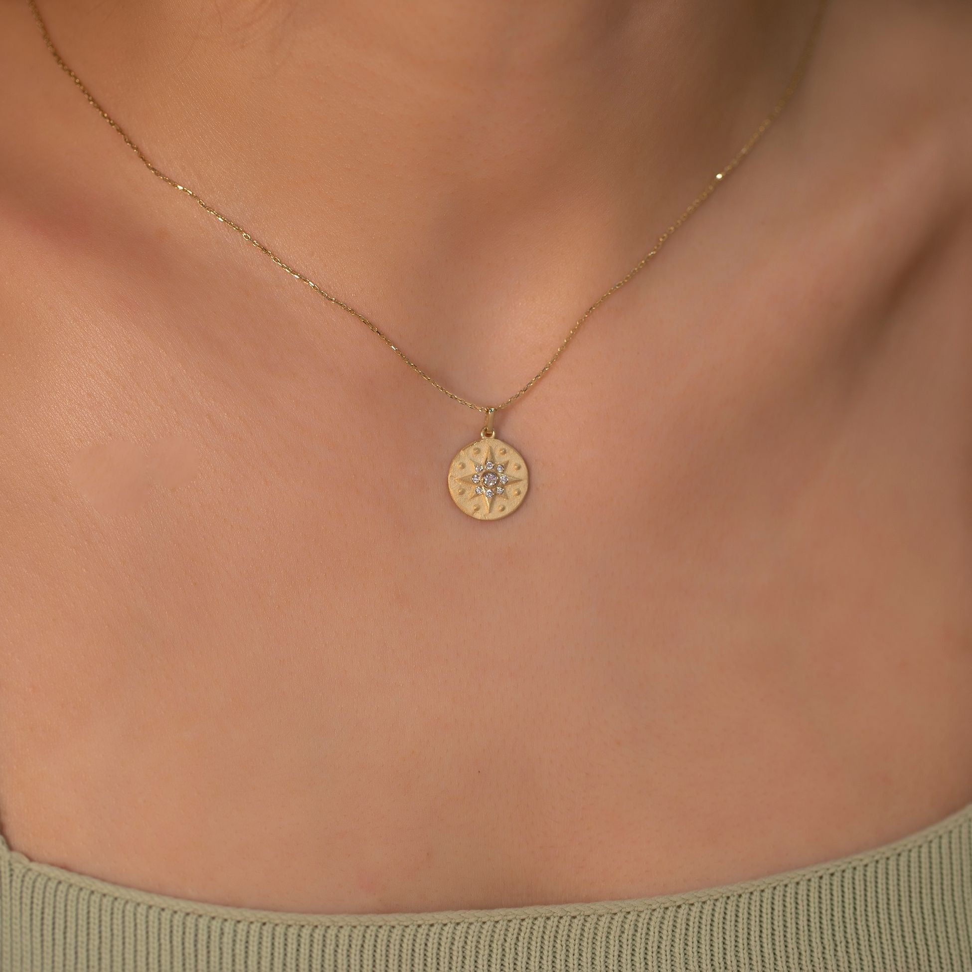 14K Gold Diamond Matte and Tumbled North Star Charm Necklace