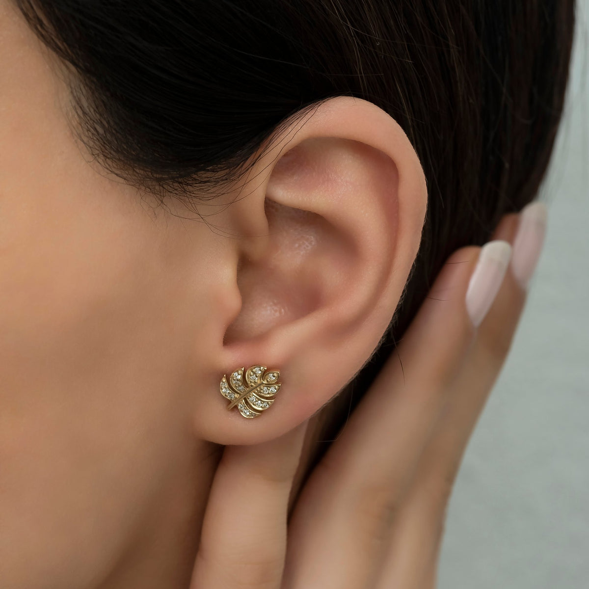 14K Gold Diamond Leaf Studs Earrings