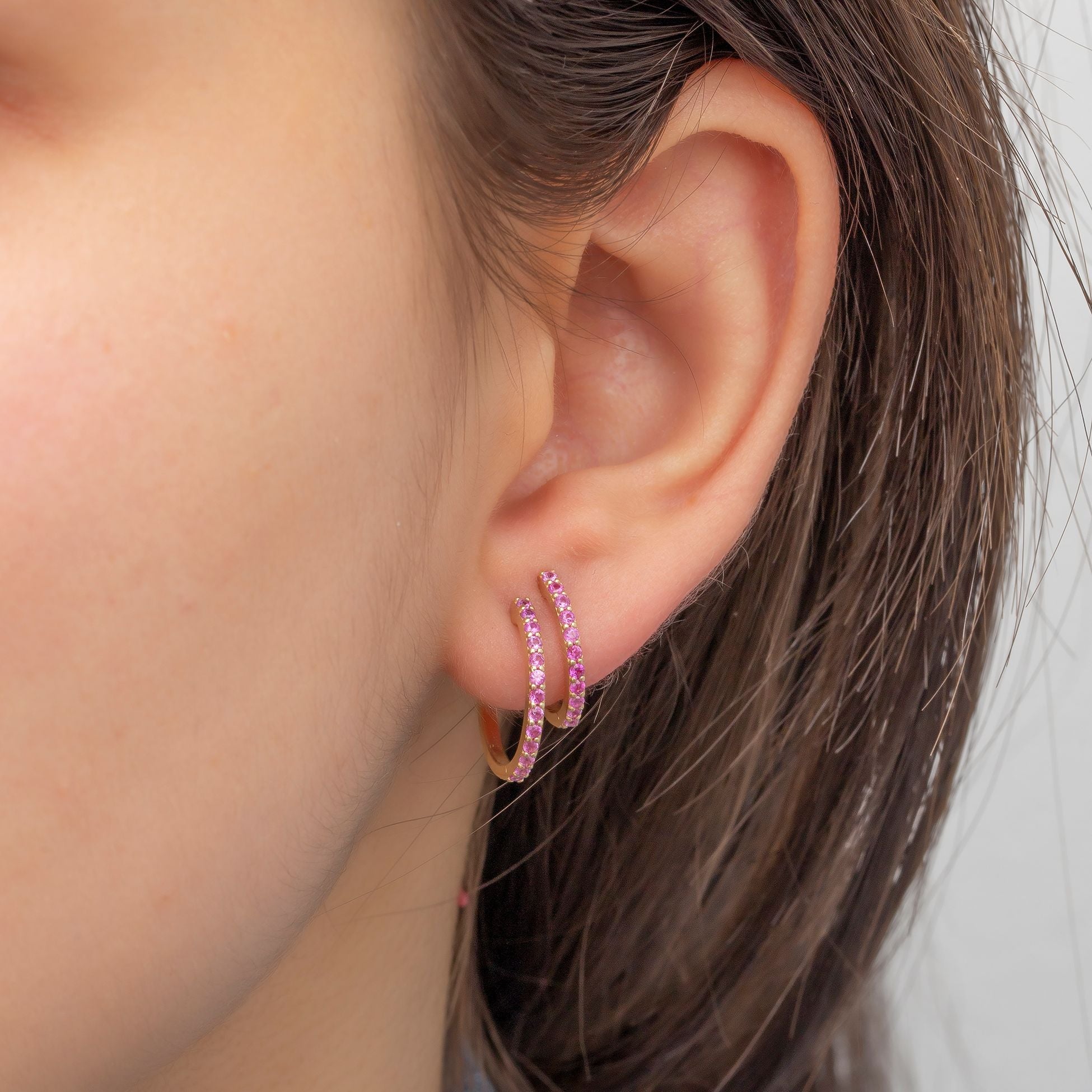 14K Gold Pink Sapphire Dainty Hoop Earrings