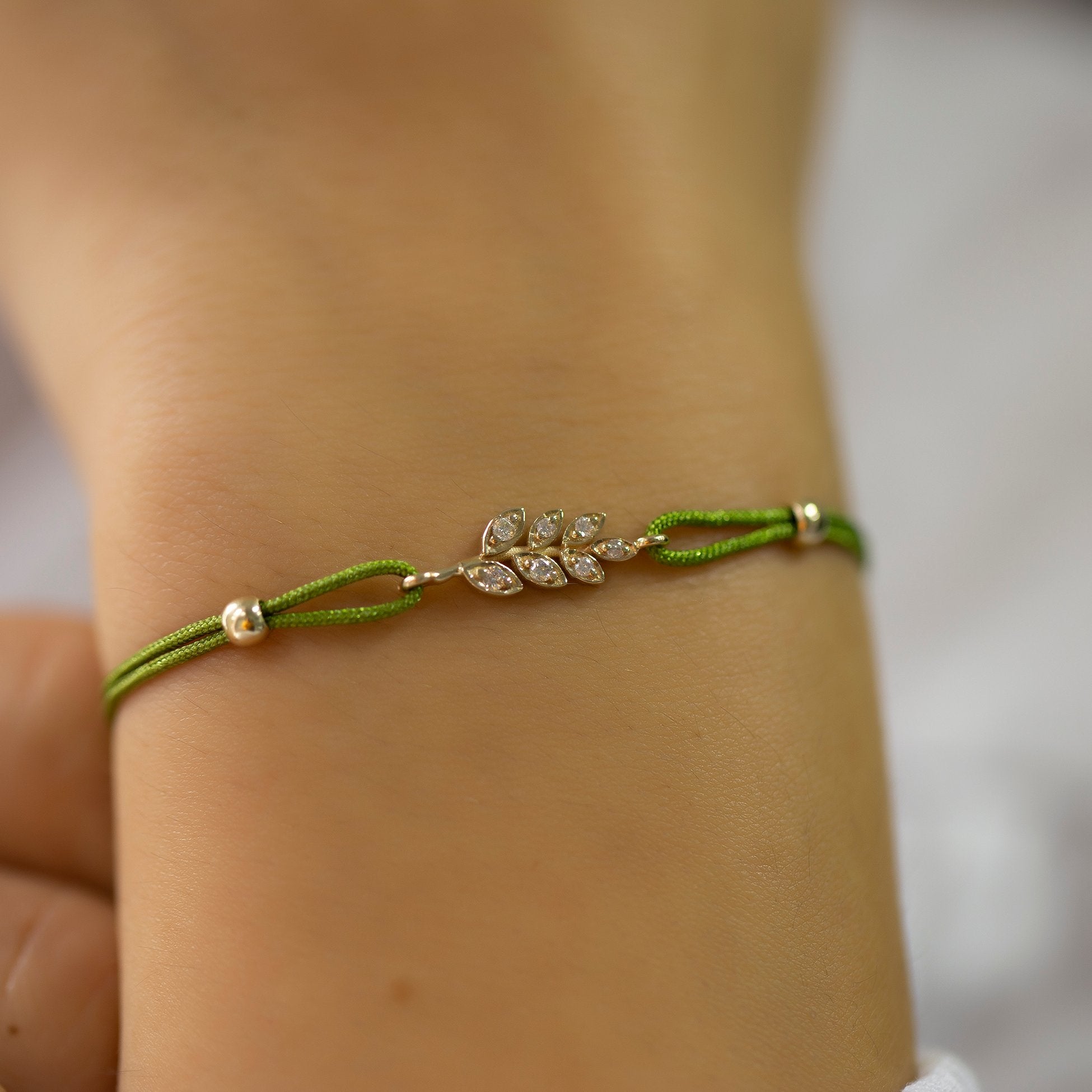 14K Gold Diamond Leaf Charm Color Rope Bracelet