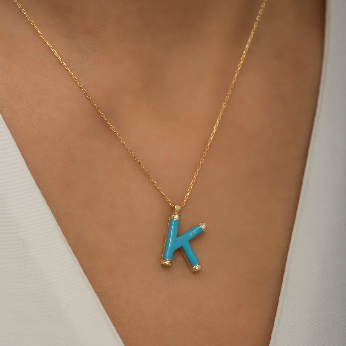 14K Gold Diamond Enamel Letter Necklace K