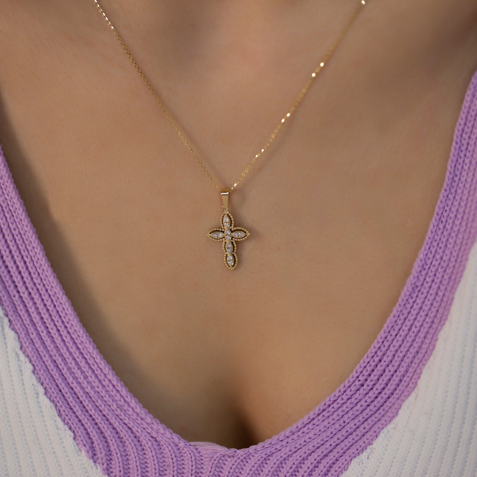 14K Gold Framed Diamond Cross Woman Necklace