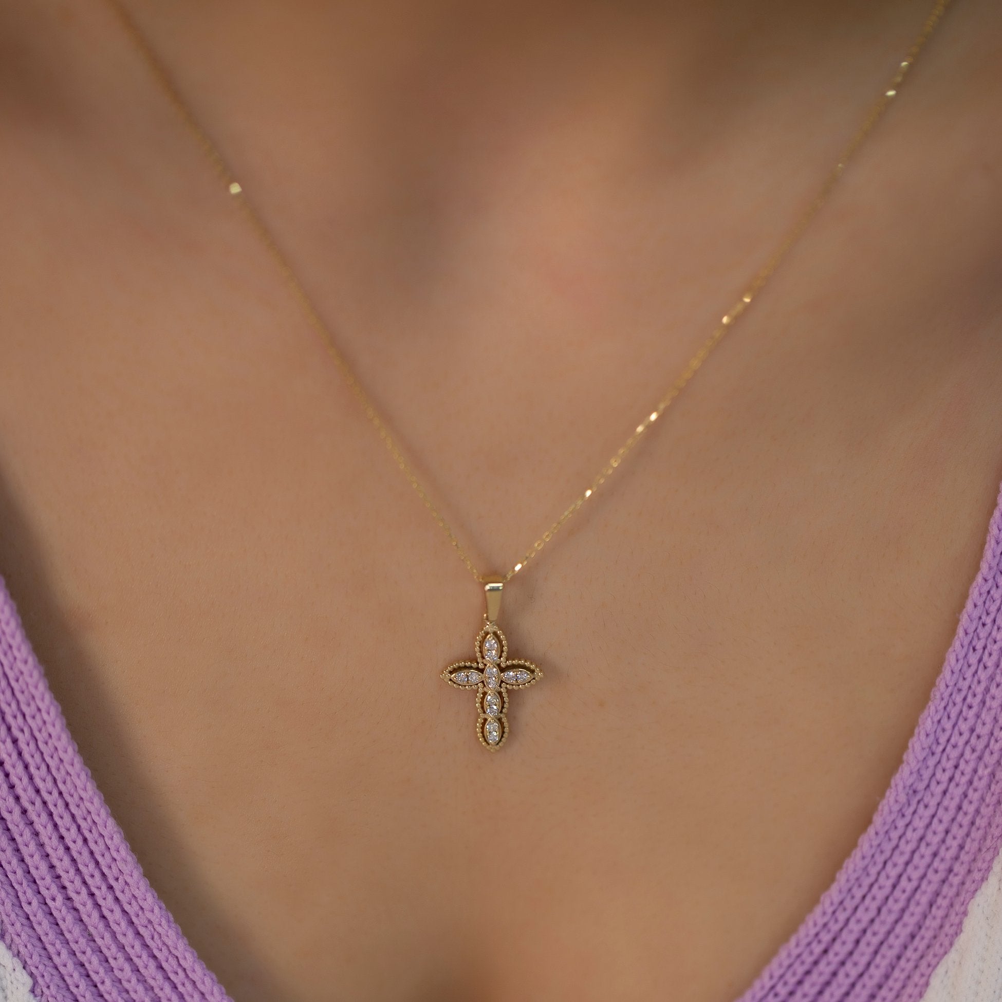 14K Gold Framed Diamond Cross Woman Necklace